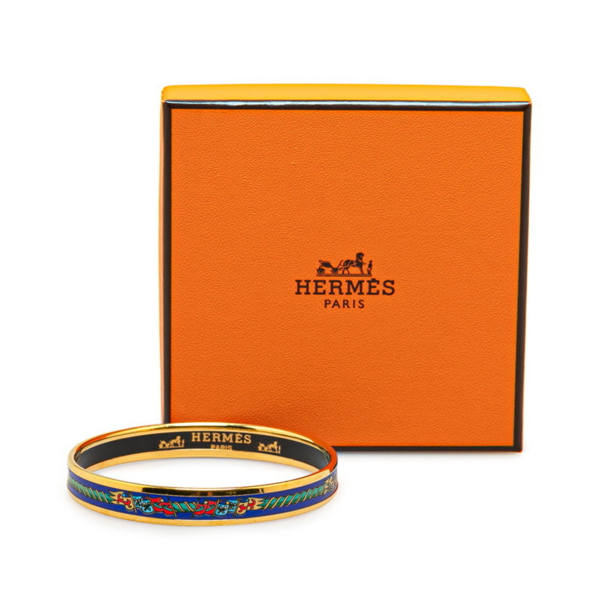 Hermes Enamel PM Cloisonne Flag Bangle Gold Navy Multicolor Plated Women's HERMES