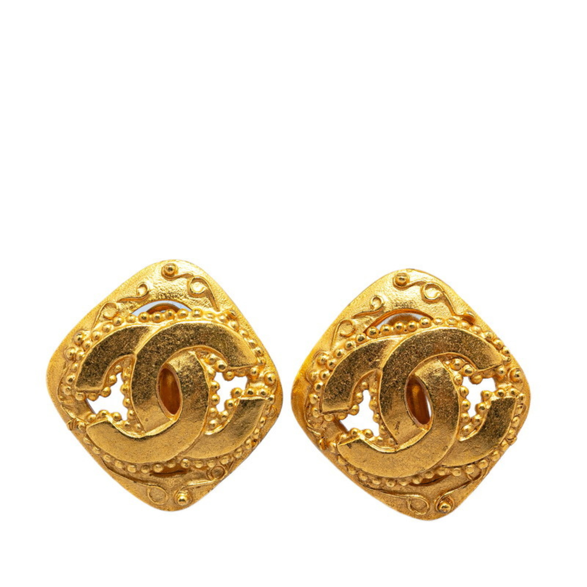 Chanel Coco Mark Diamond Motif Earrings Gold Plated Women's CHANEL