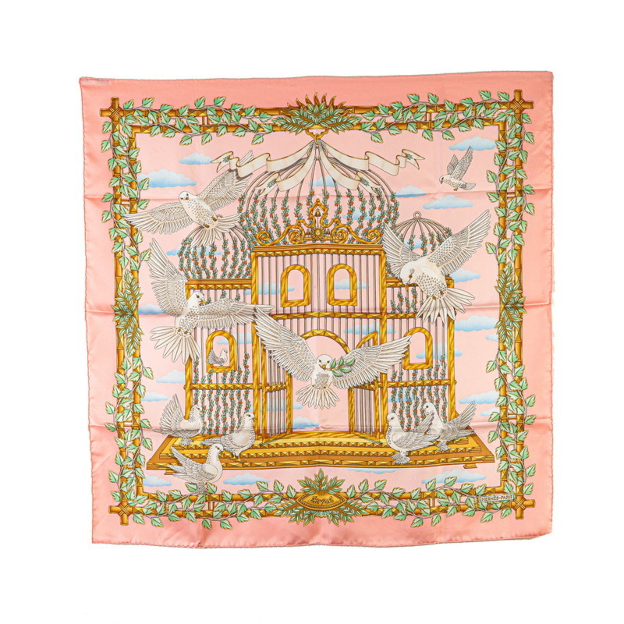 Hermes Carre 90 ENVOL Flying Dove Birdcage Scarf Muffler Pink Multicolor Silk Women's HERMES