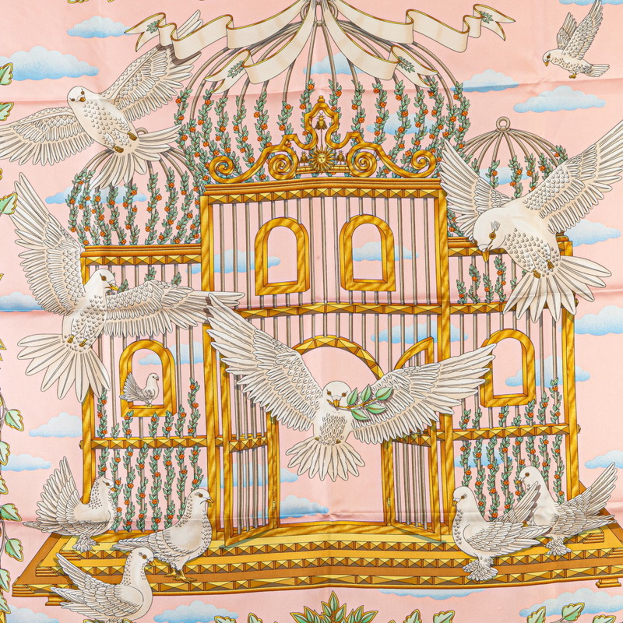 Hermes Carre 90 ENVOL Flying Dove Birdcage Scarf Muffler Pink Multicolor Silk Women's HERMES