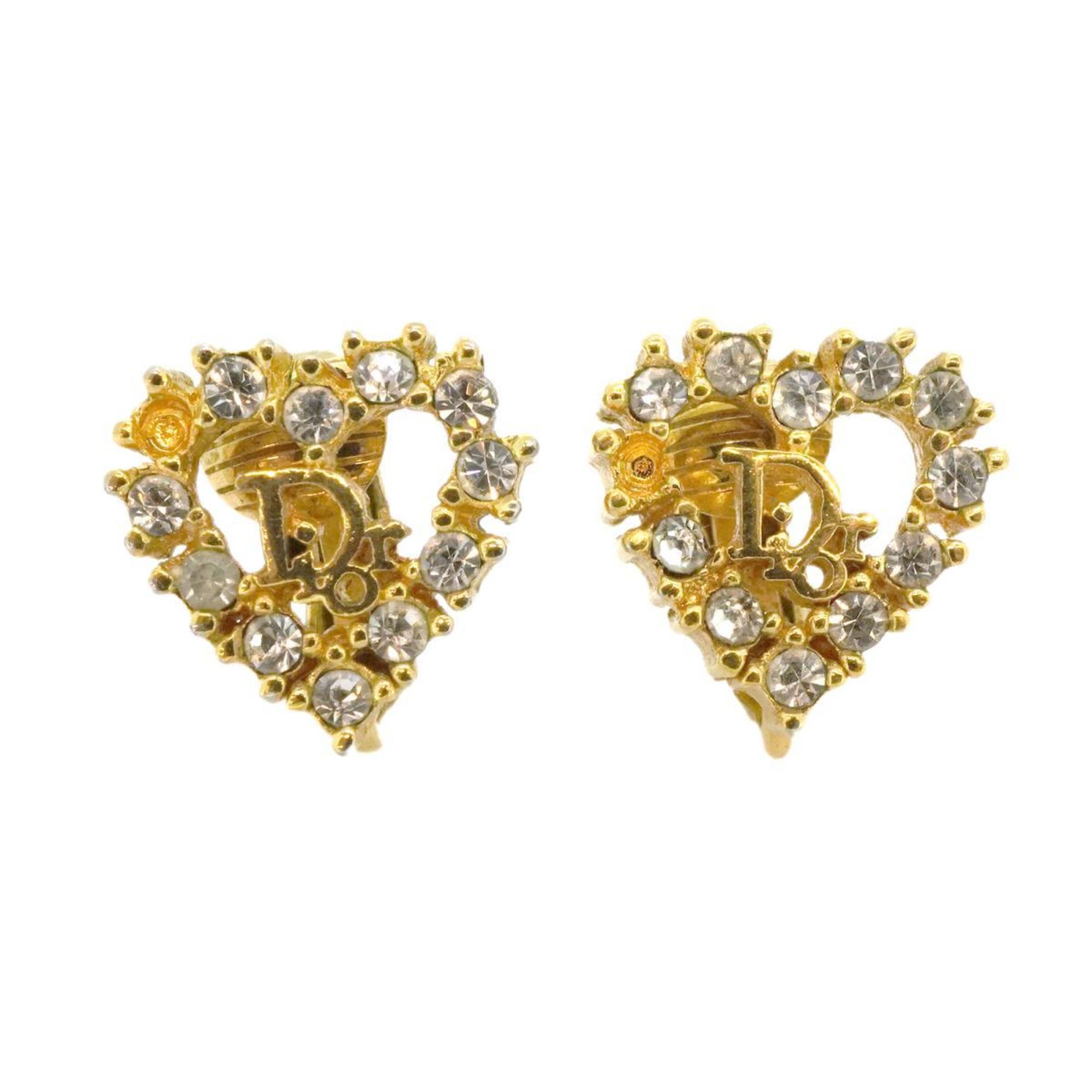 Christian Dior Earrings Heart Motif Rhinestone GP Plated Gold Women's