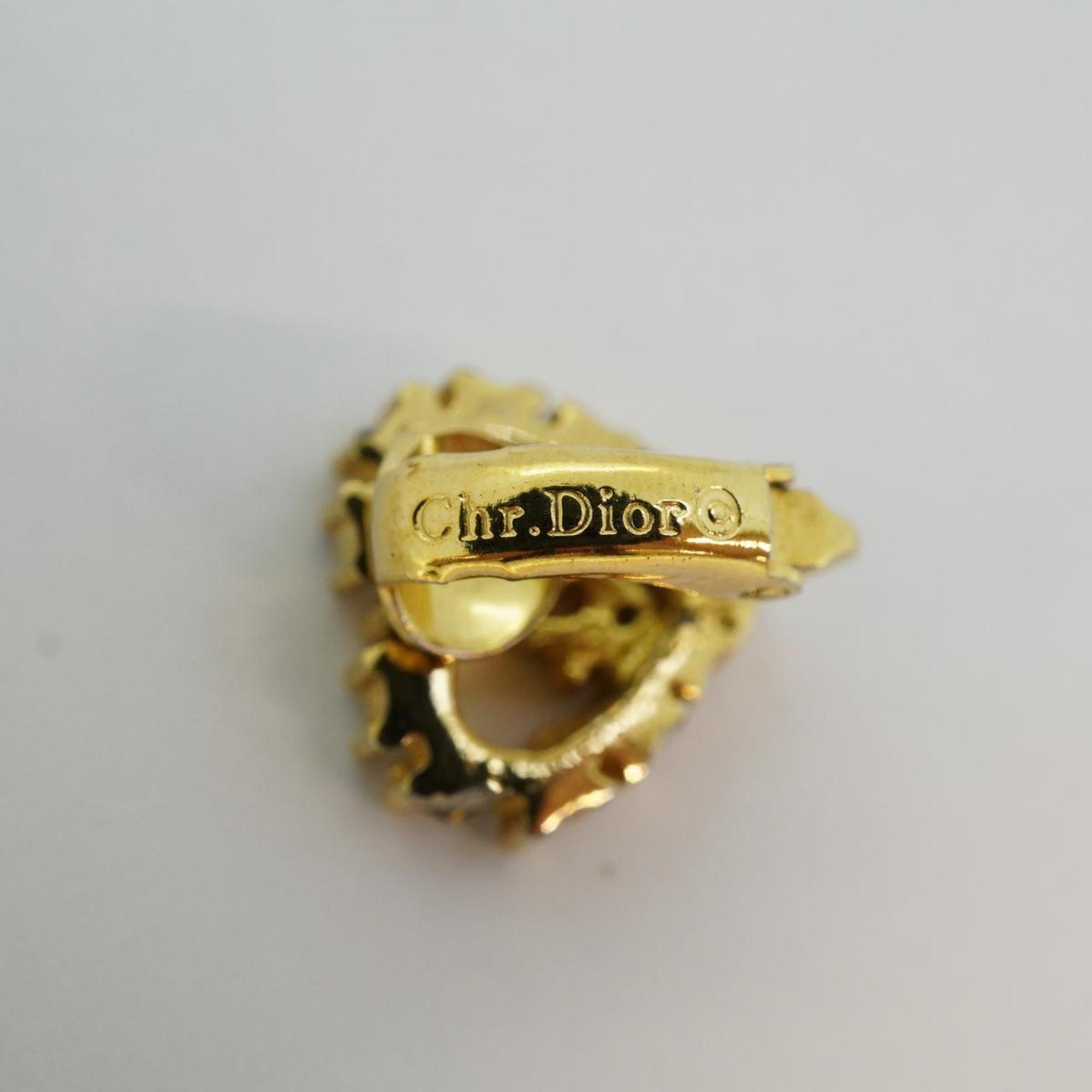 Christian Dior Earrings Heart Motif Rhinestone GP Plated Gold Women's