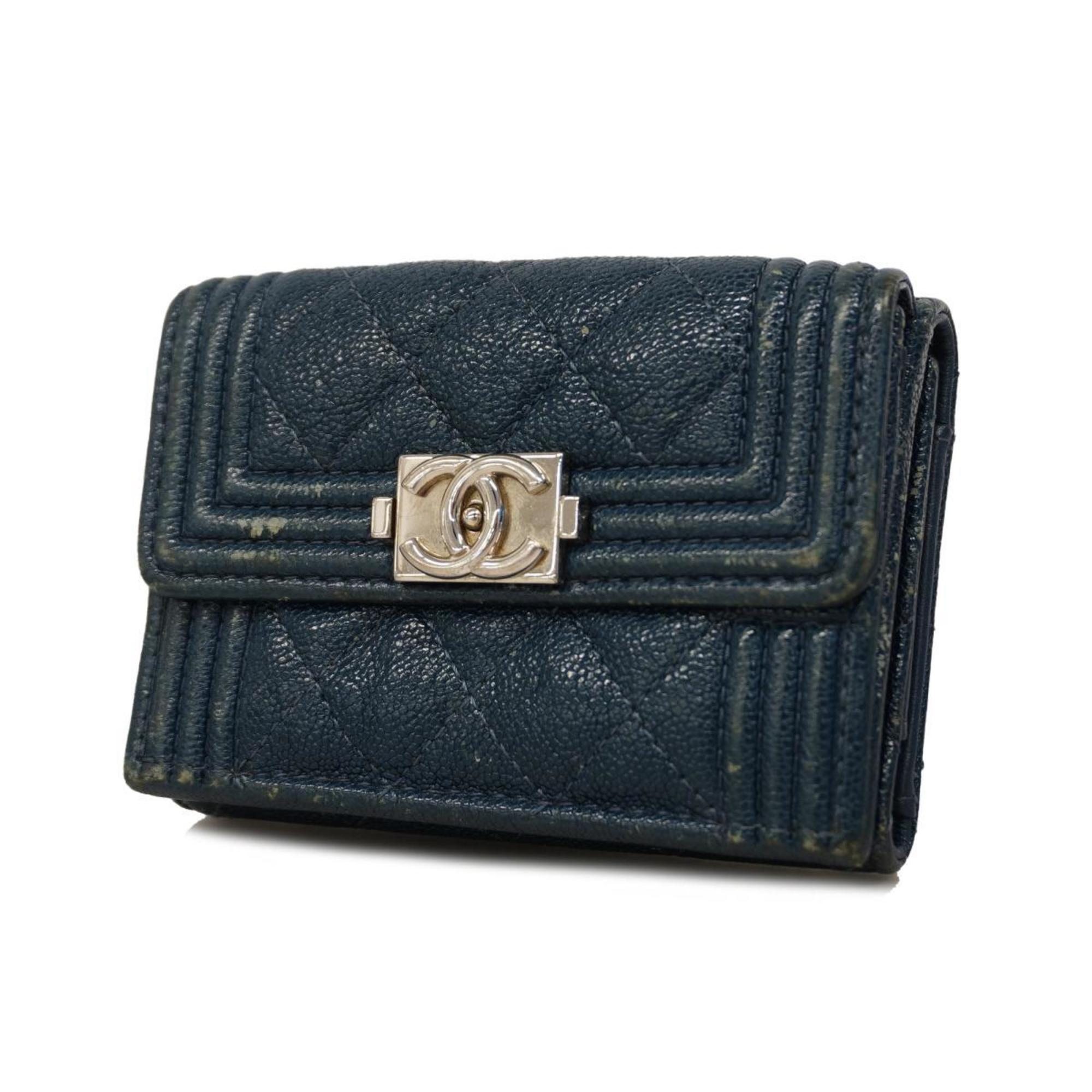 Chanel Tri-fold Wallet Boy Caviar Skin Blue Women's