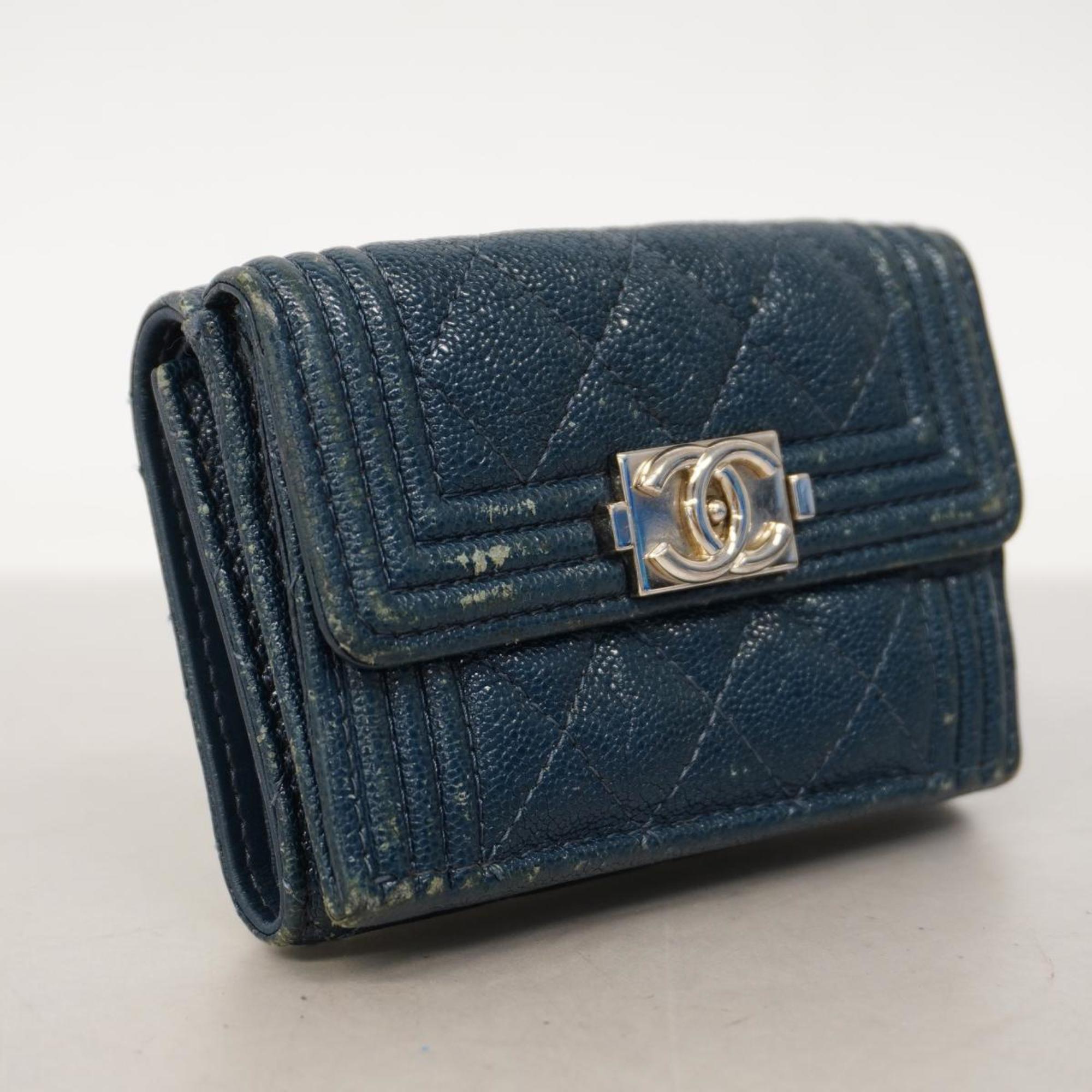 Chanel Tri-fold Wallet Boy Caviar Skin Blue Women's