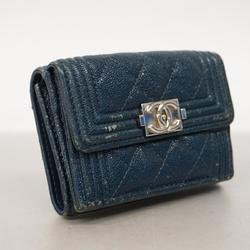 Chanel Tri-fold Wallet Boy Caviar Skin Blue Women's