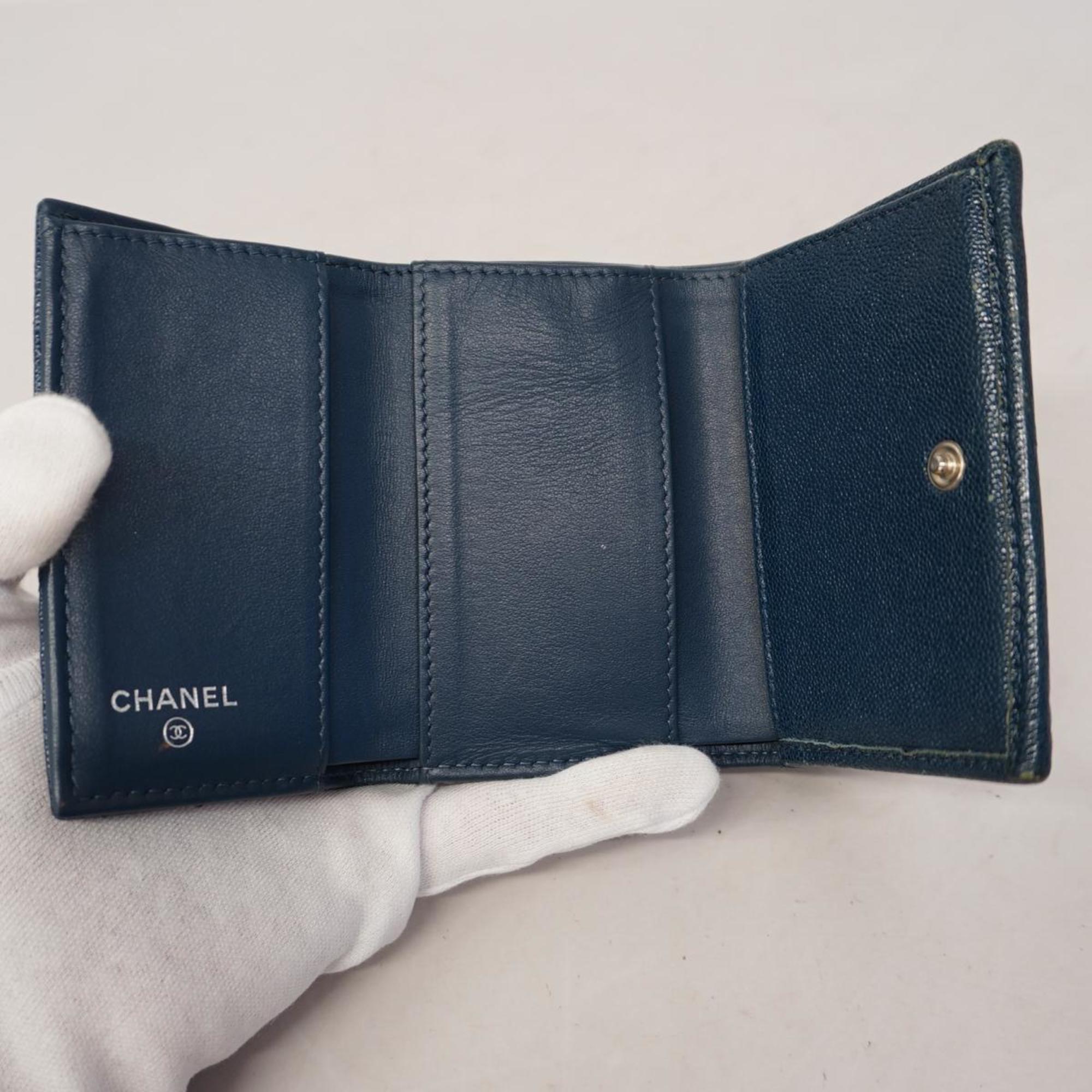 Chanel Tri-fold Wallet Boy Caviar Skin Blue Women's