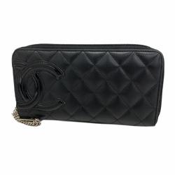 Chanel Long Wallet Cambon Lambskin Patent Leather Black Pink Women's