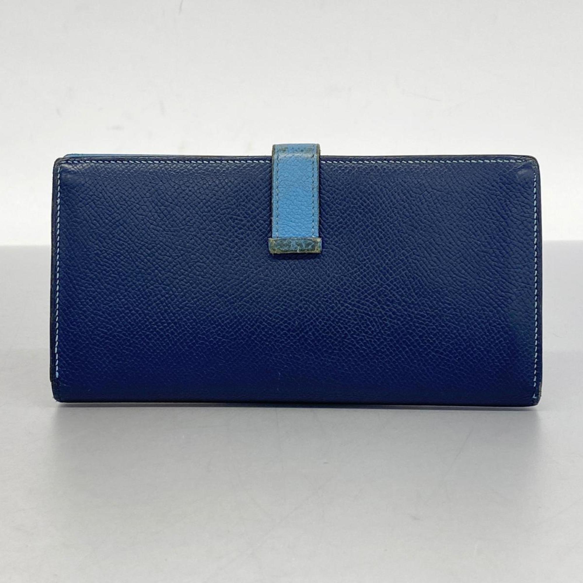 Hermes Long Wallet Bearn Soufflet T Stamped Epsom Leather Blue Saphir Paradise Men's Women's