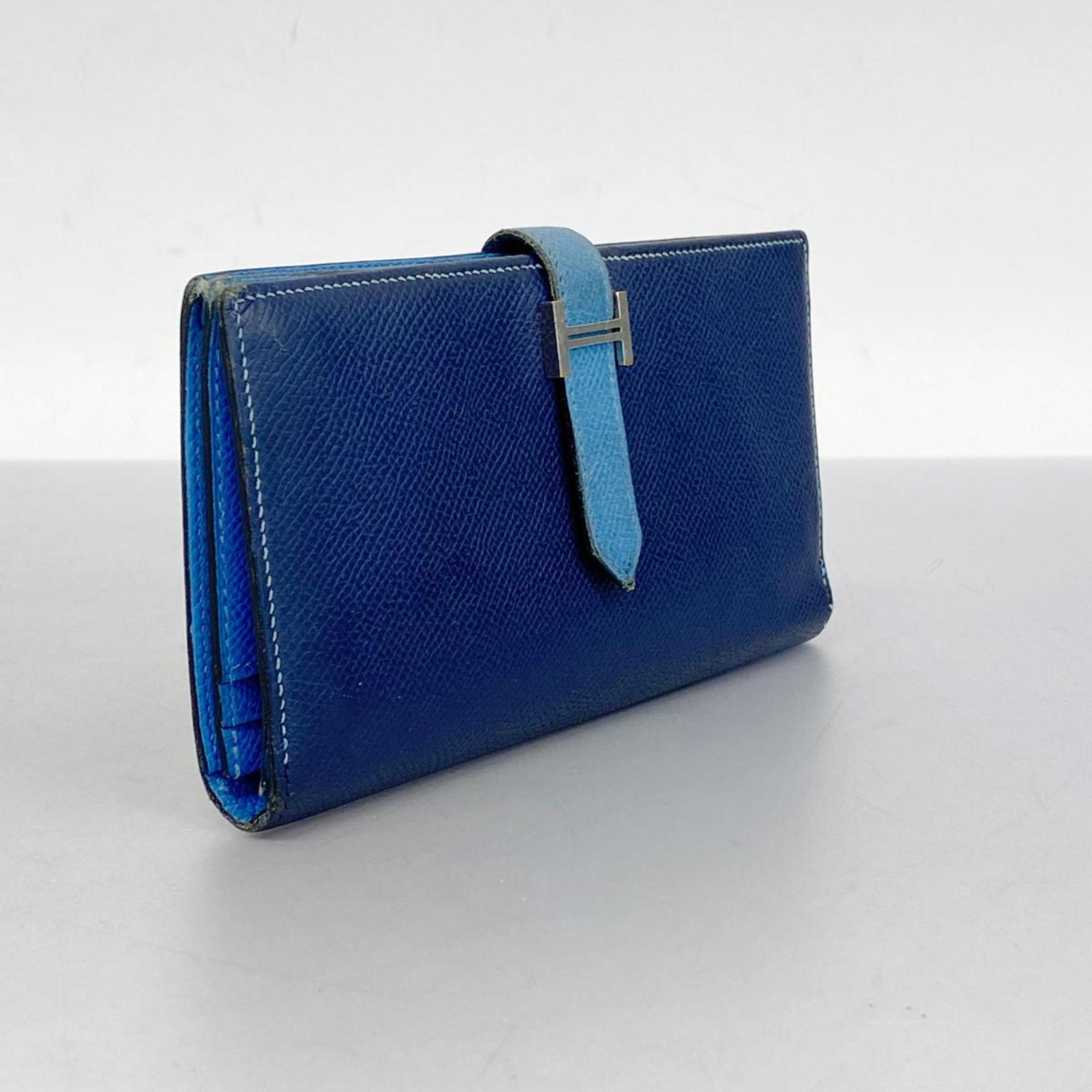 Hermes Long Wallet Bearn Soufflet T Stamped Epsom Leather Blue Saphir Paradise Men's Women's