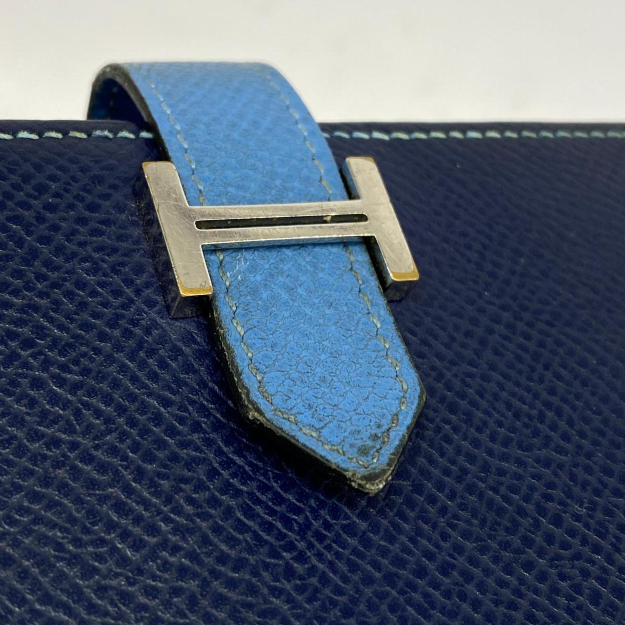 Hermes Long Wallet Bearn Soufflet T Stamped Epsom Leather Blue Saphir Paradise Men's Women's