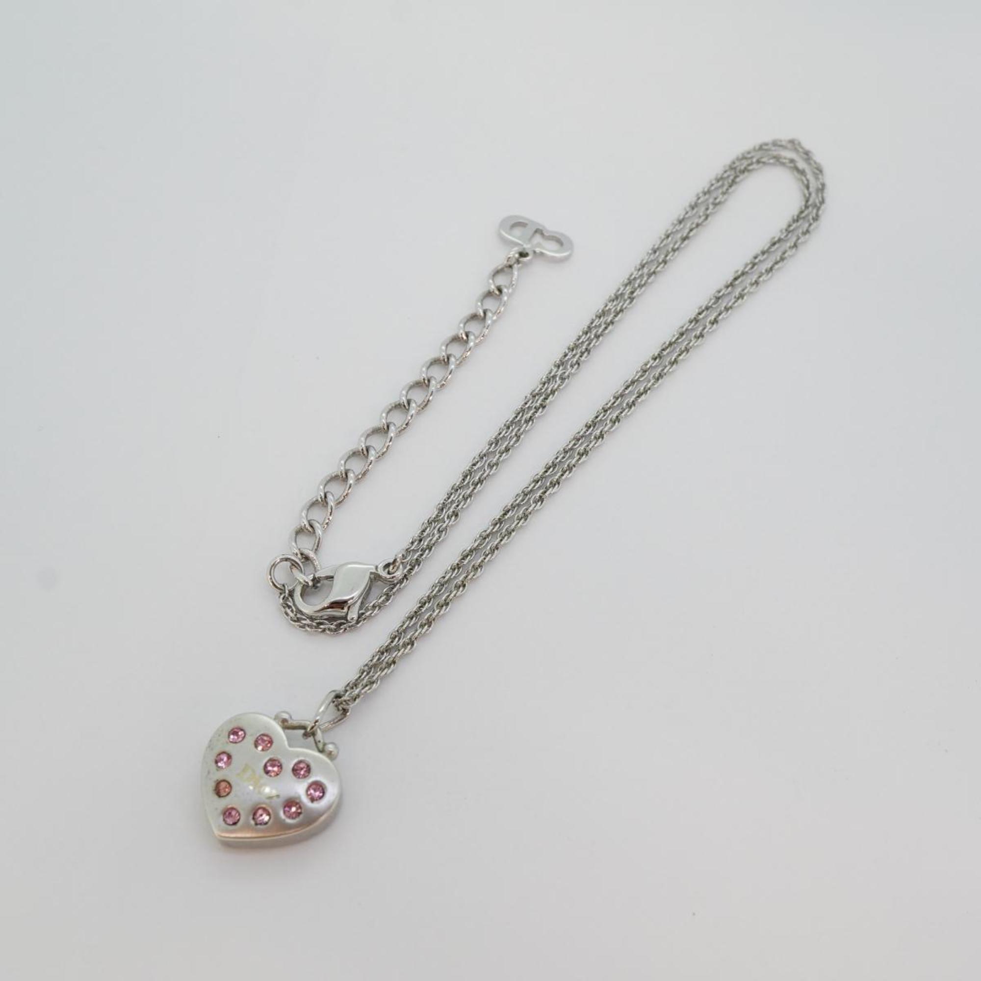 Christian Dior Necklace Heart Motif Rhinestone Metal Silver Pink Women's