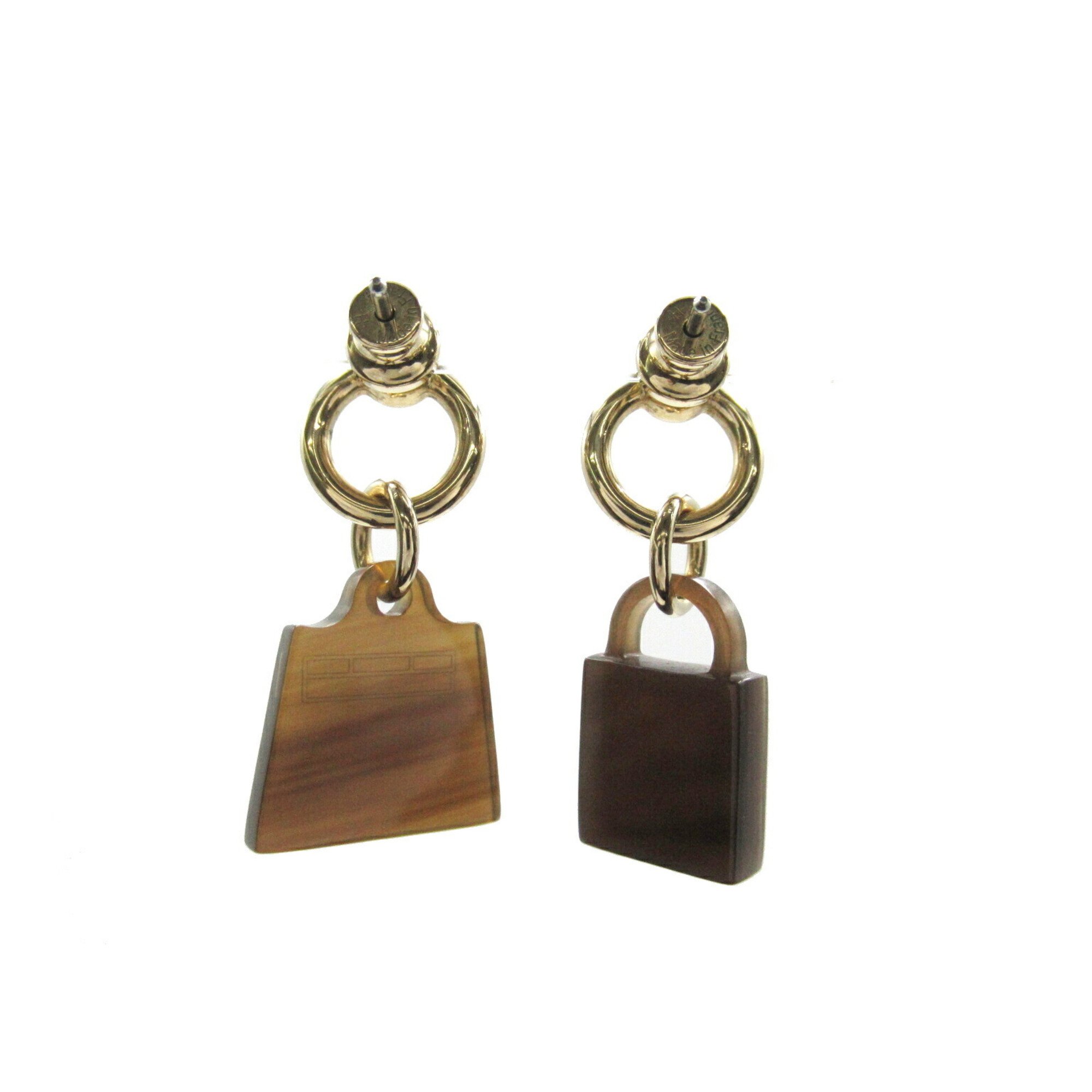 Hermes HERMES Amulet Maroquinier Kelly Cadena Earrings GP (Gold Plated) Buffalo Horn Women's Brown