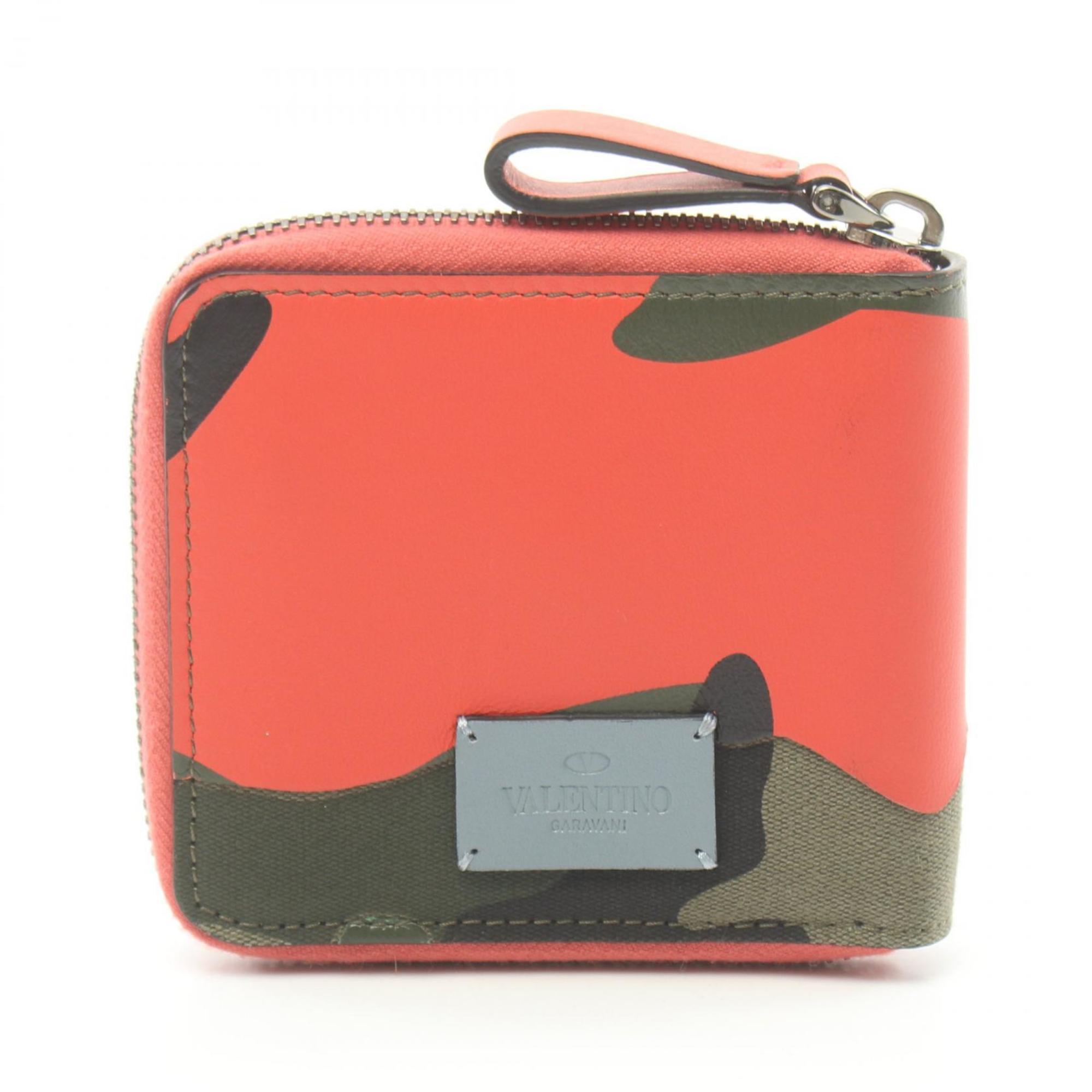 Valentino Round Wallet Leather Canvas Men's Red Multicolor