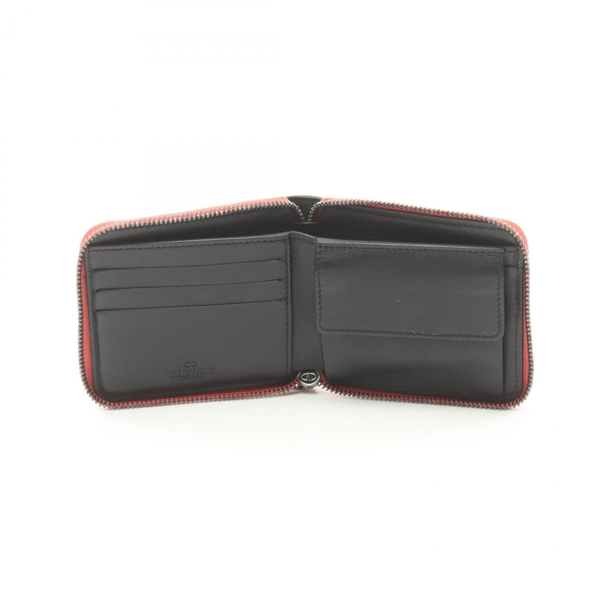 Valentino Round Wallet Leather Canvas Men's Red Multicolor