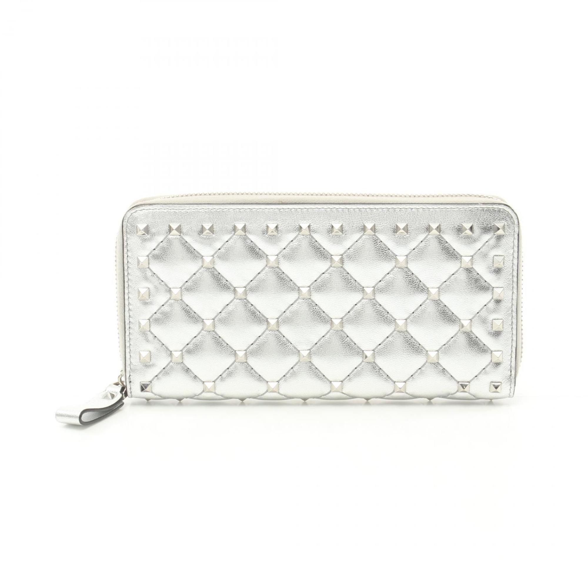 Valentino Rockstud Round Long Wallet Leather Women's Silver