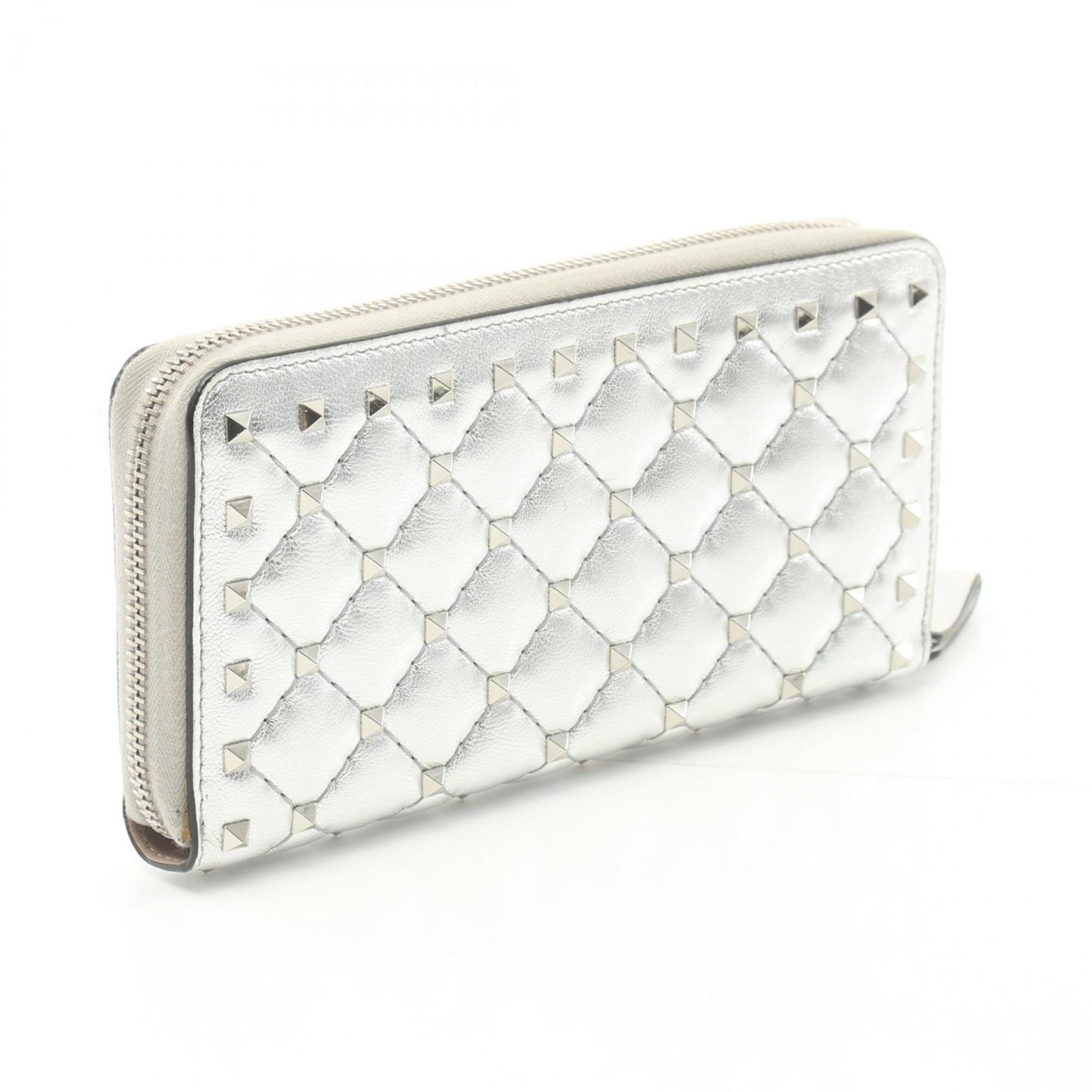 Valentino Rockstud Round Long Wallet Leather Women's Silver