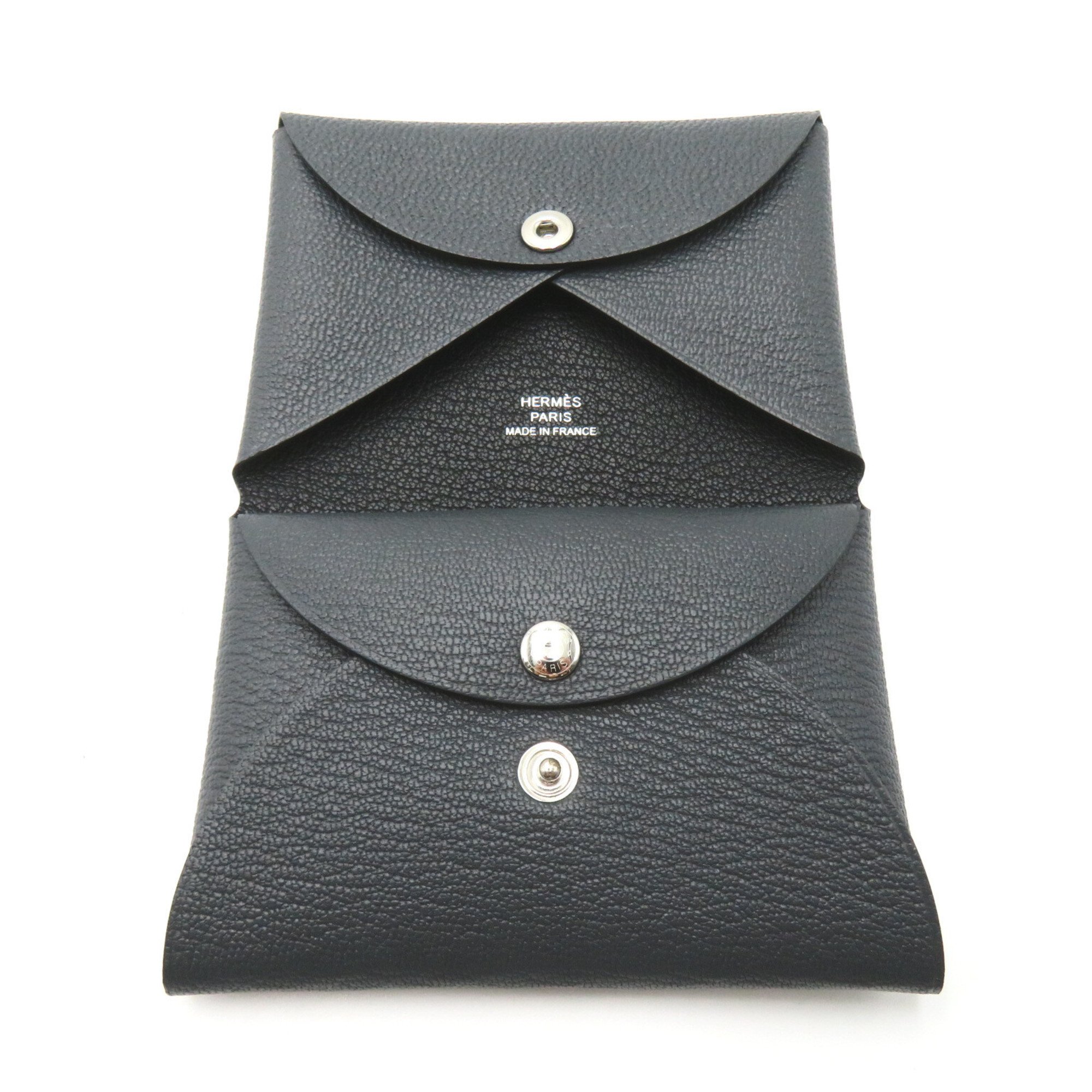 Hermes Calvi Duo Business Card Holder/Card Case Leather Chevre Men's Women's Gray Black