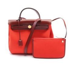 Hermes HERMES Airbag Zip PM Handbag Bag Leather Toile Officier Women's Red Brown