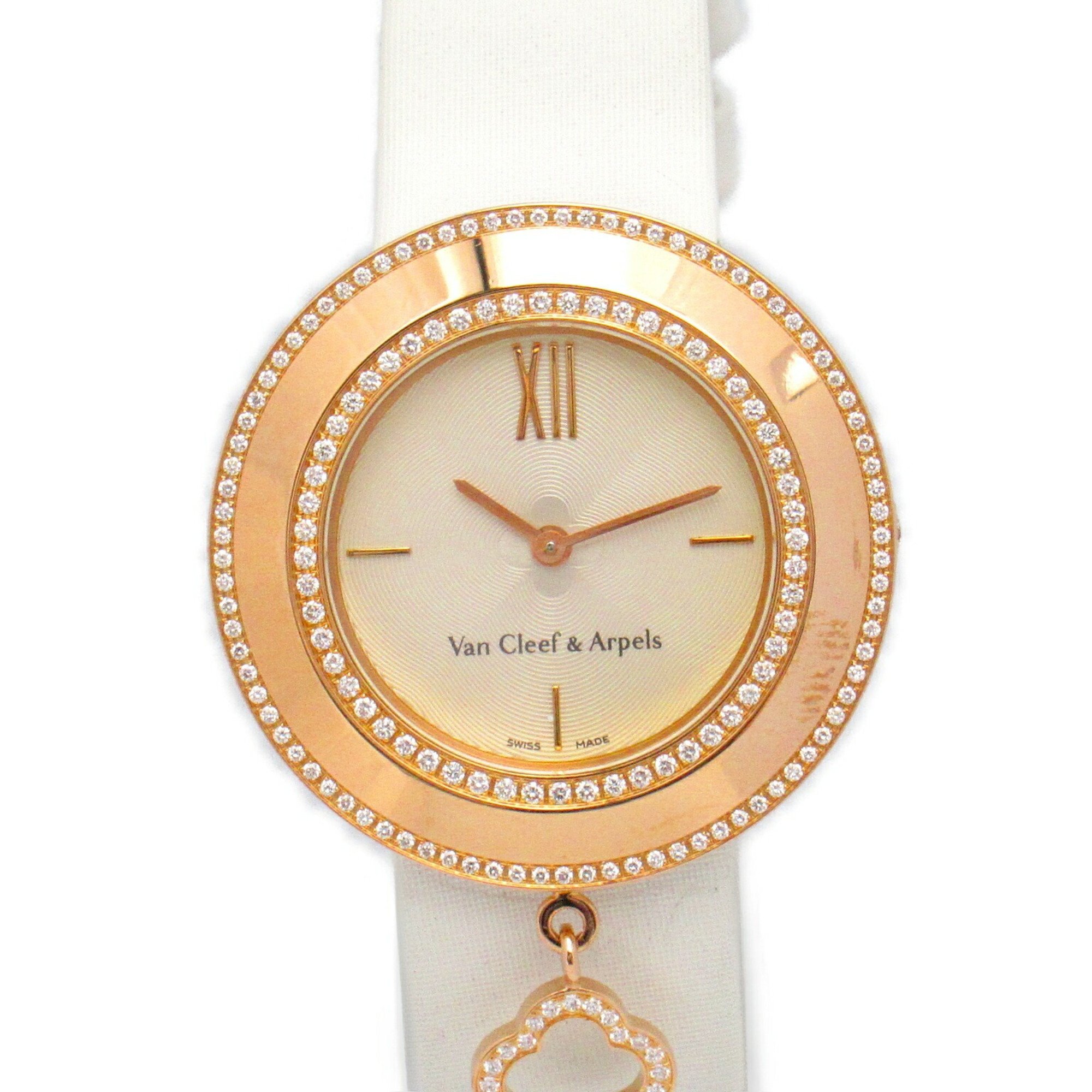 Van Cleef & Arpels Charm Diamond Bezel Wristwatch K18PG (Pink Gold) Leather Strap Women's Silver 2572114