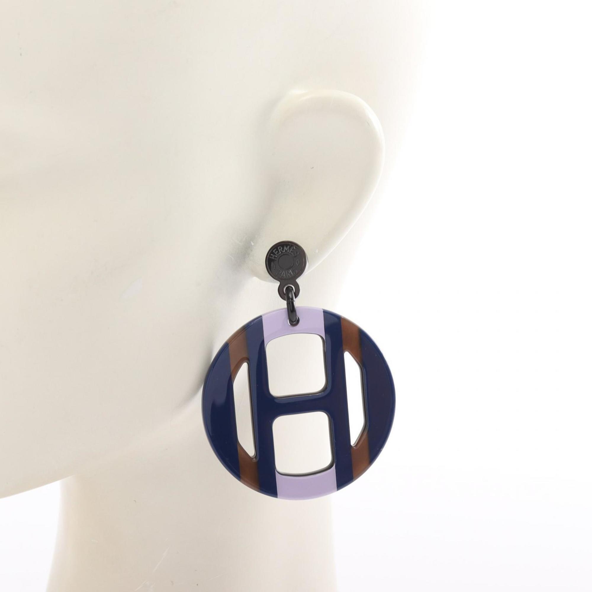 Hermes HERMES H Equipe Earrings Buffalo Horn Women's Blue Multicolor