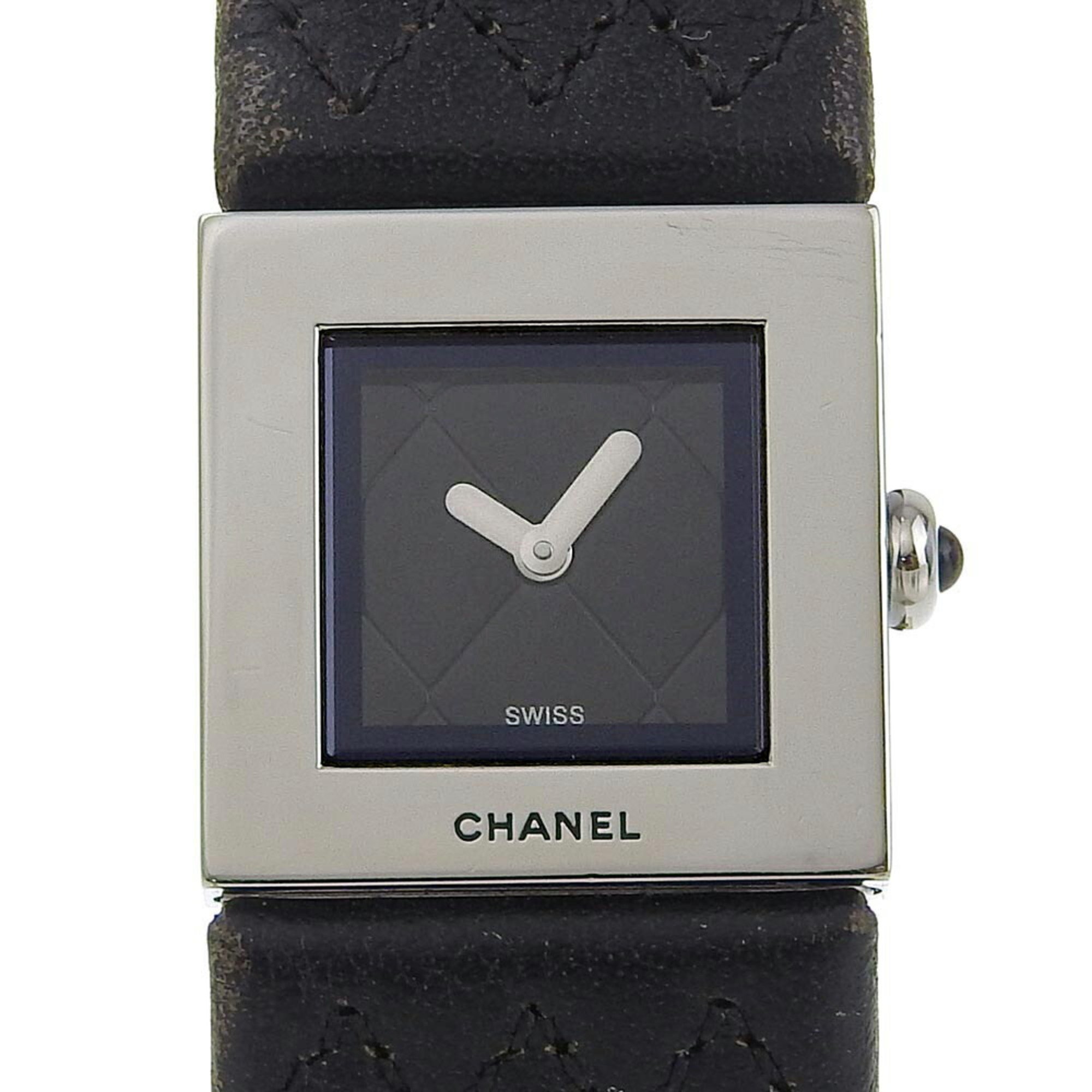 CHANEL Matelasse Watch Stainless Steel x Leather Quartz Analog Display Black Dial Women's