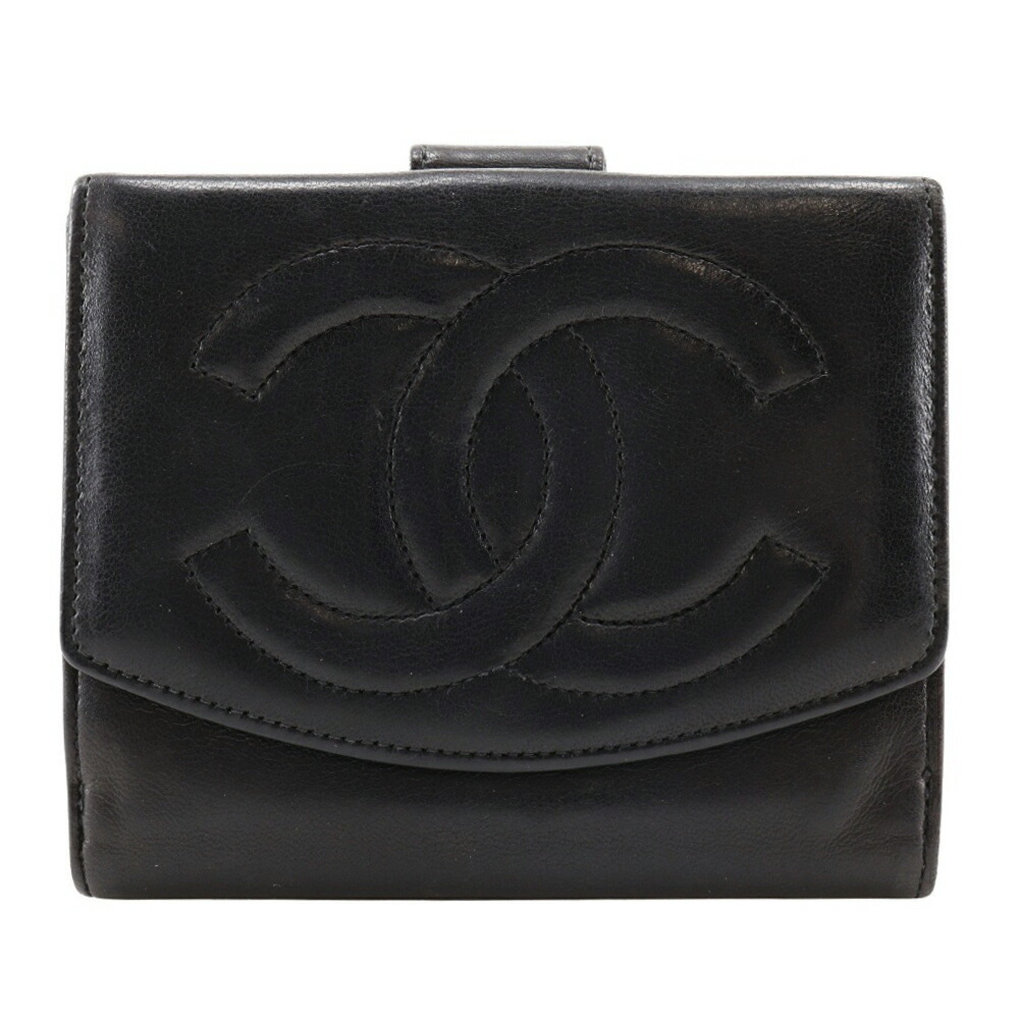 Chanel CHANEL Coco Mark Bi-fold Wallet Lambskin Black Snap Button COCO Women's