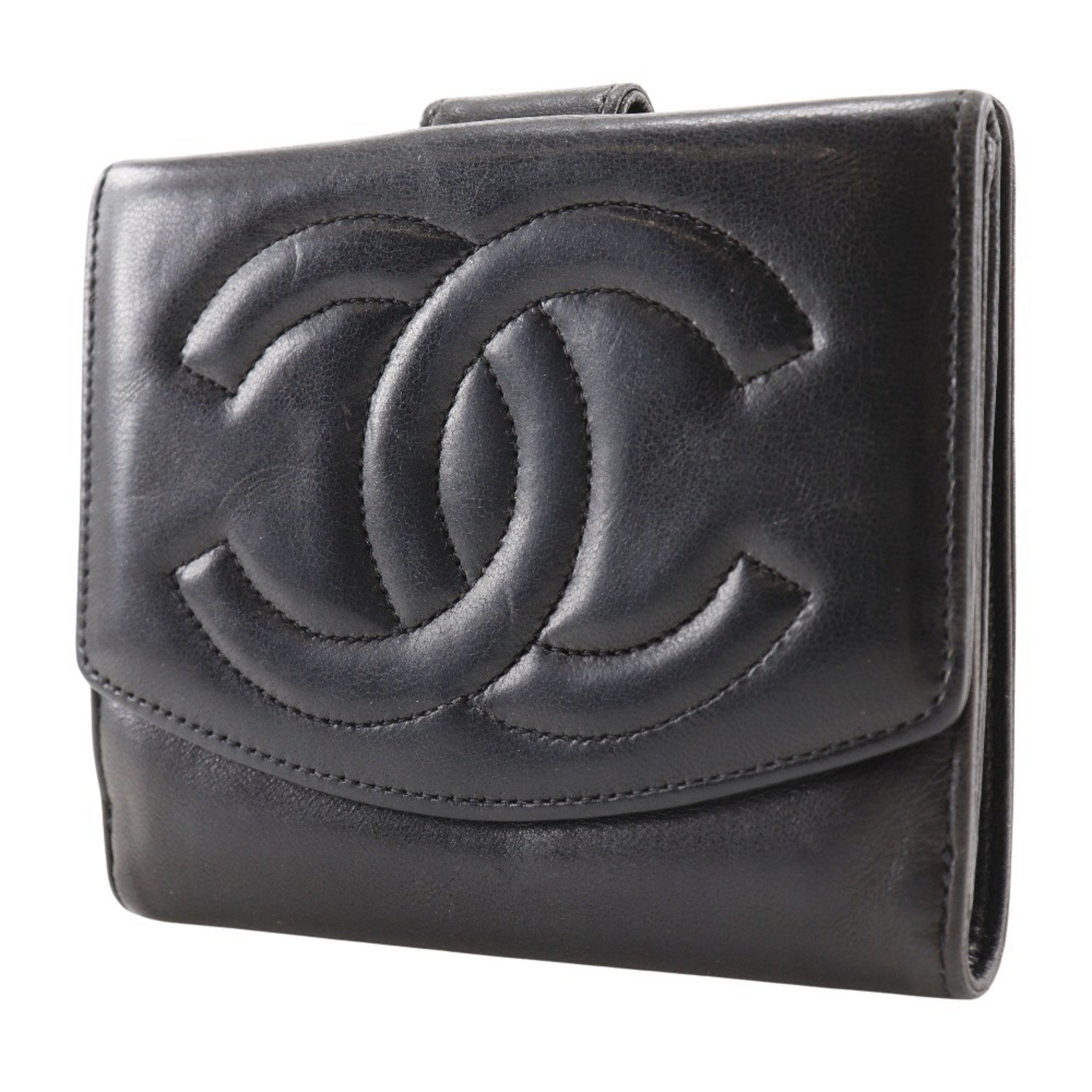 Chanel CHANEL Coco Mark Bi-fold Wallet Lambskin Black Snap Button COCO Women's