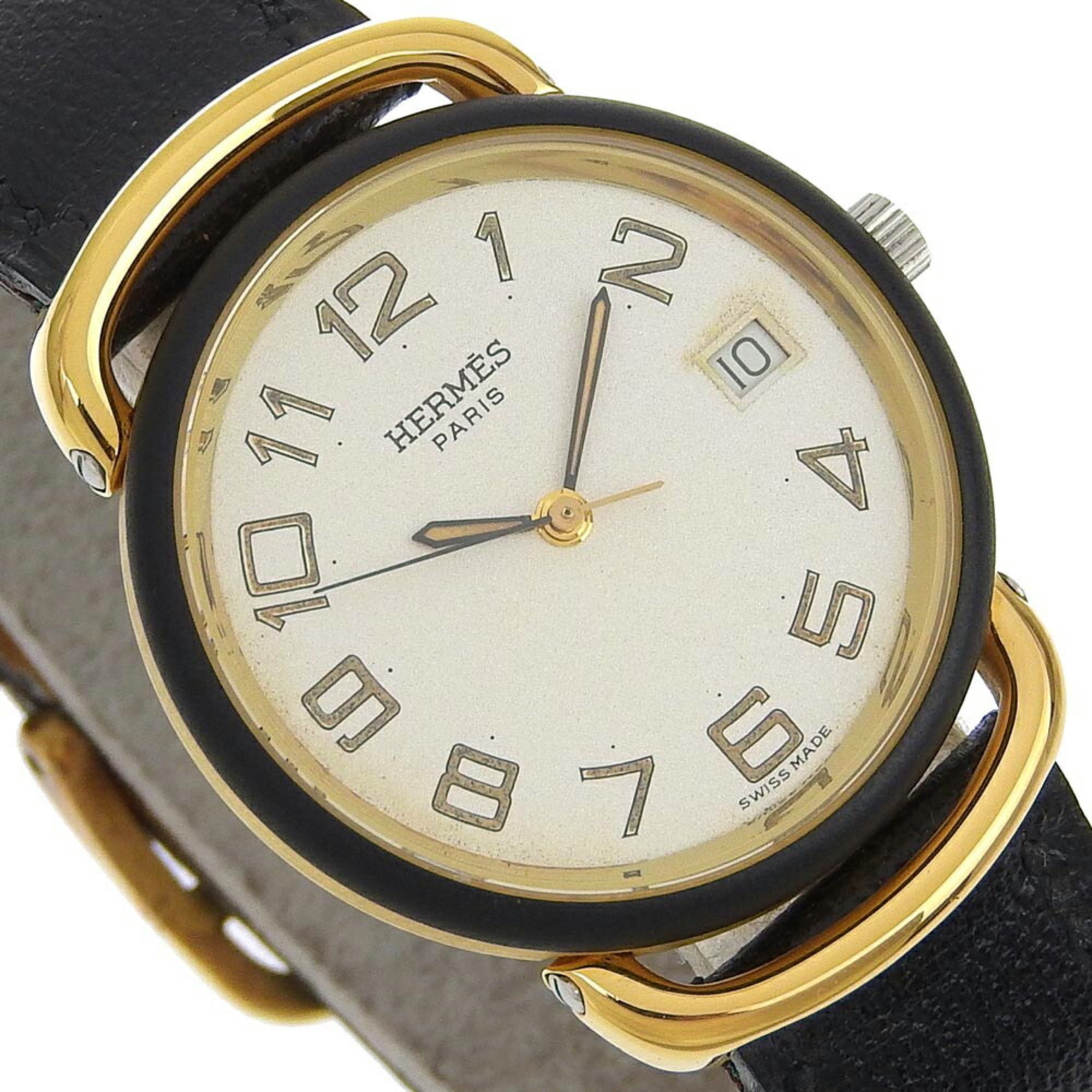 Hermes HERMES Pullman Watch Stainless Steel x Gold Plated Leather 1970 Z Quartz Analog Display White Dial Men's R140924001