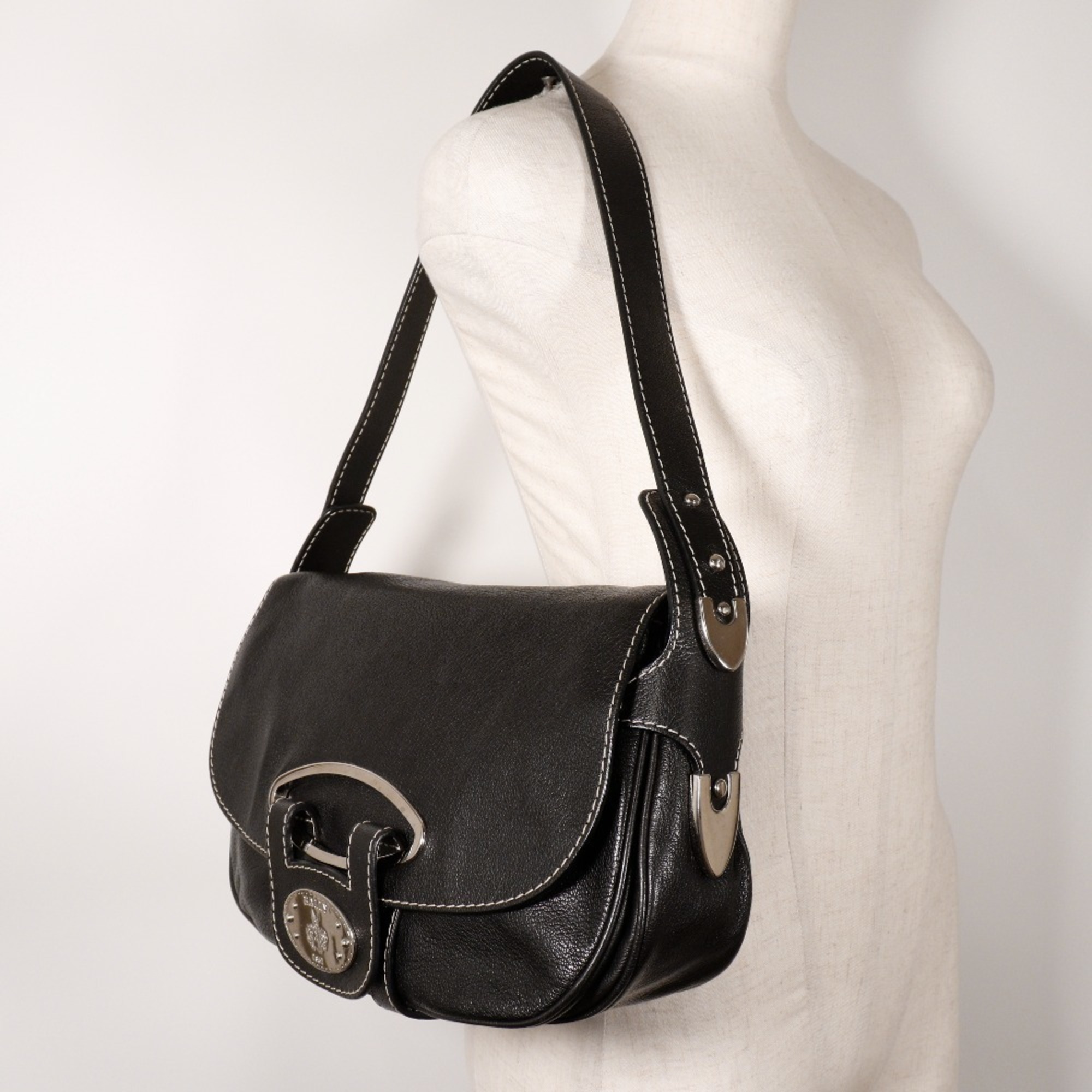 BALLY Shoulder Bag Calf Black A5 Type One Belt Women's