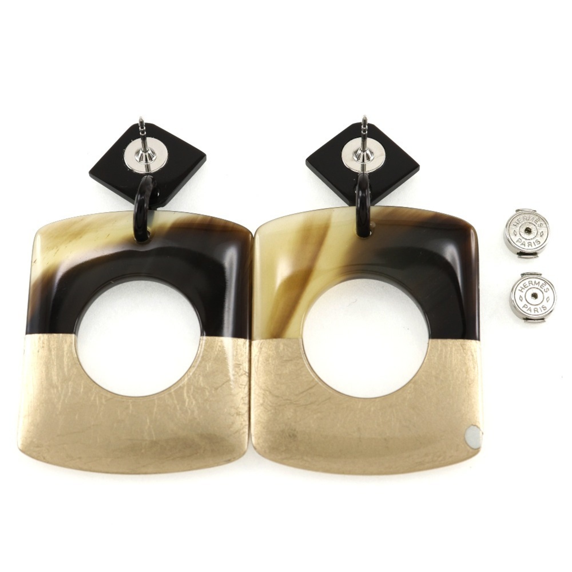 Hermes Dalva Earrings, Bicolor, Buffalo Horn, Brown/Gold, Approx. 14.0g, Dalva, Women's