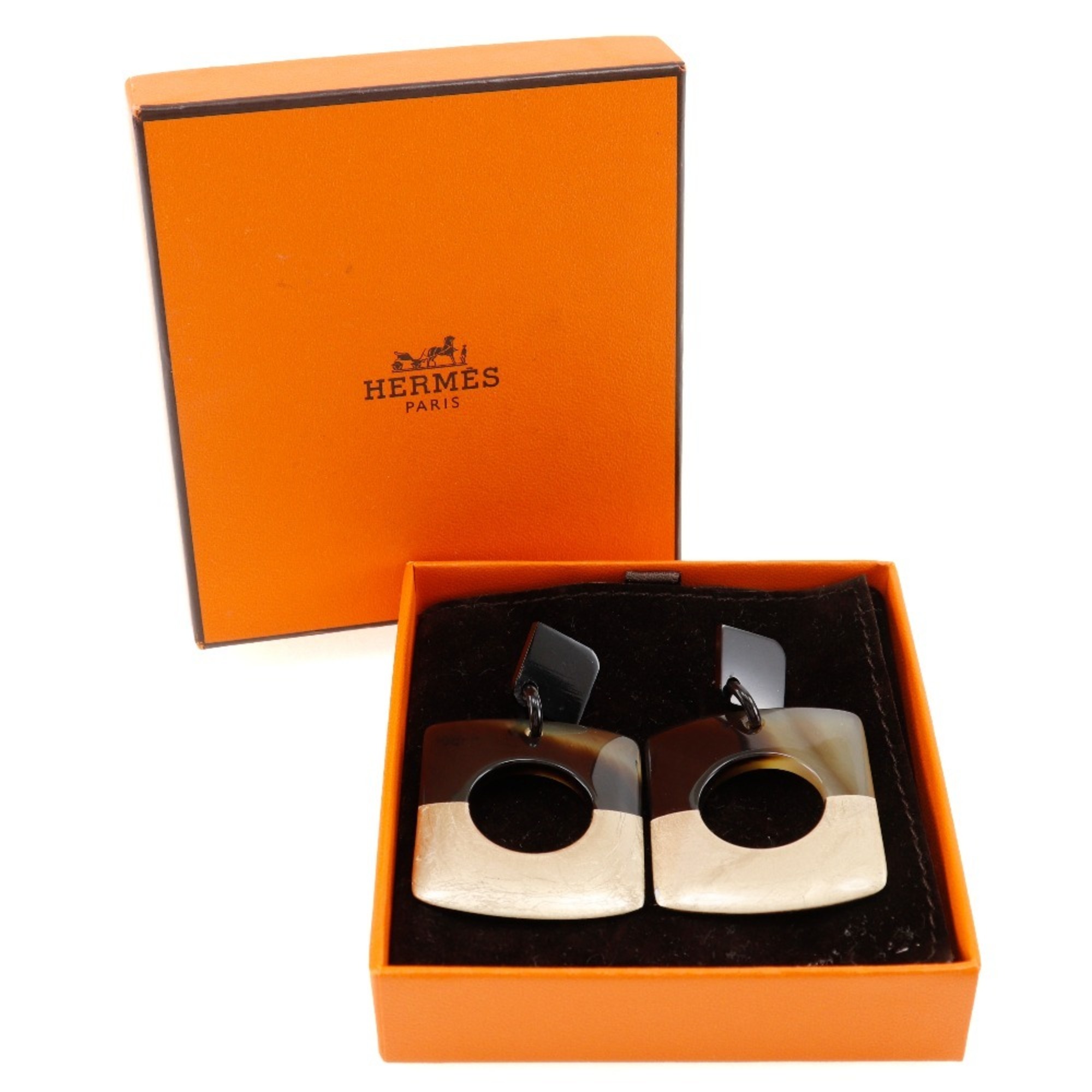 Hermes Dalva Earrings, Bicolor, Buffalo Horn, Brown/Gold, Approx. 14.0g, Dalva, Women's