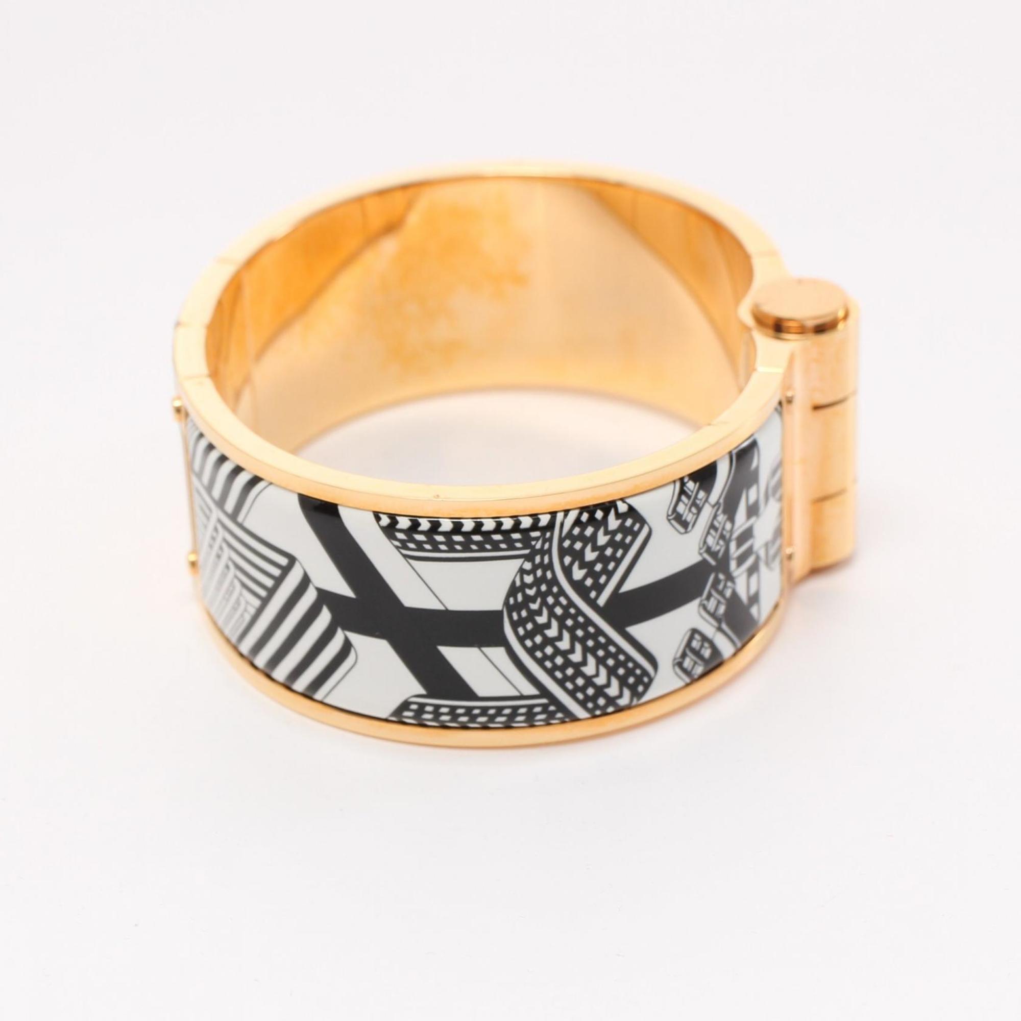 Hermes HERMES Charnier GM Bangle GP (Gold Plated) Enamel Women's Gold Black White SP0137