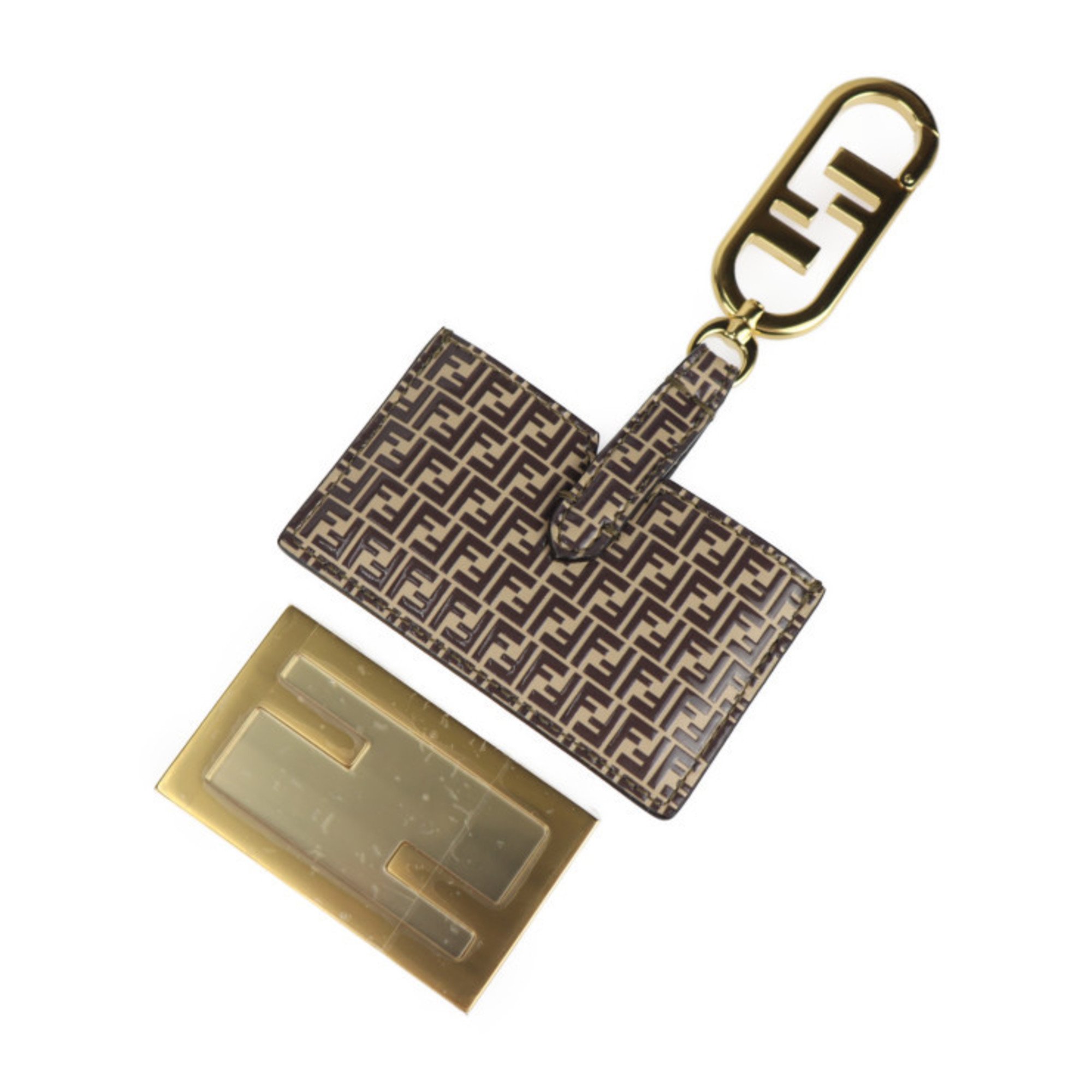 FENDI Mirror Holder Micro FF Keychain 7AS049 Leather Brown Bag Charm