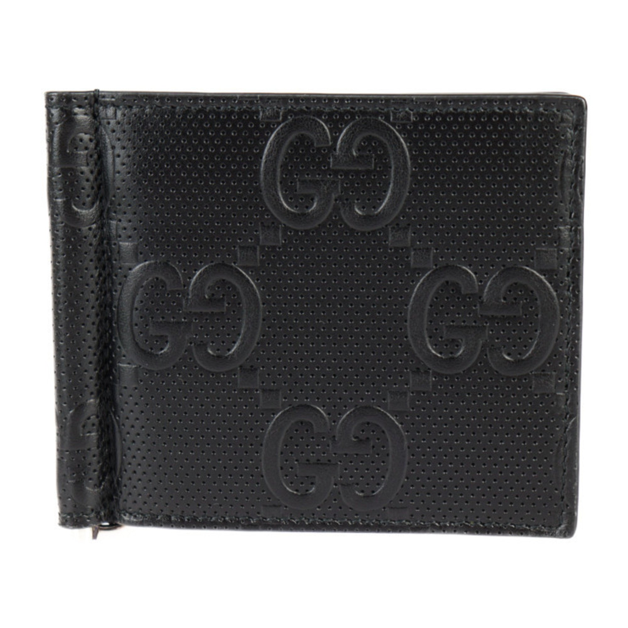 GUCCI GG Embossed Money Clip Bi-fold Wallet 676656 Leather Black Billfold