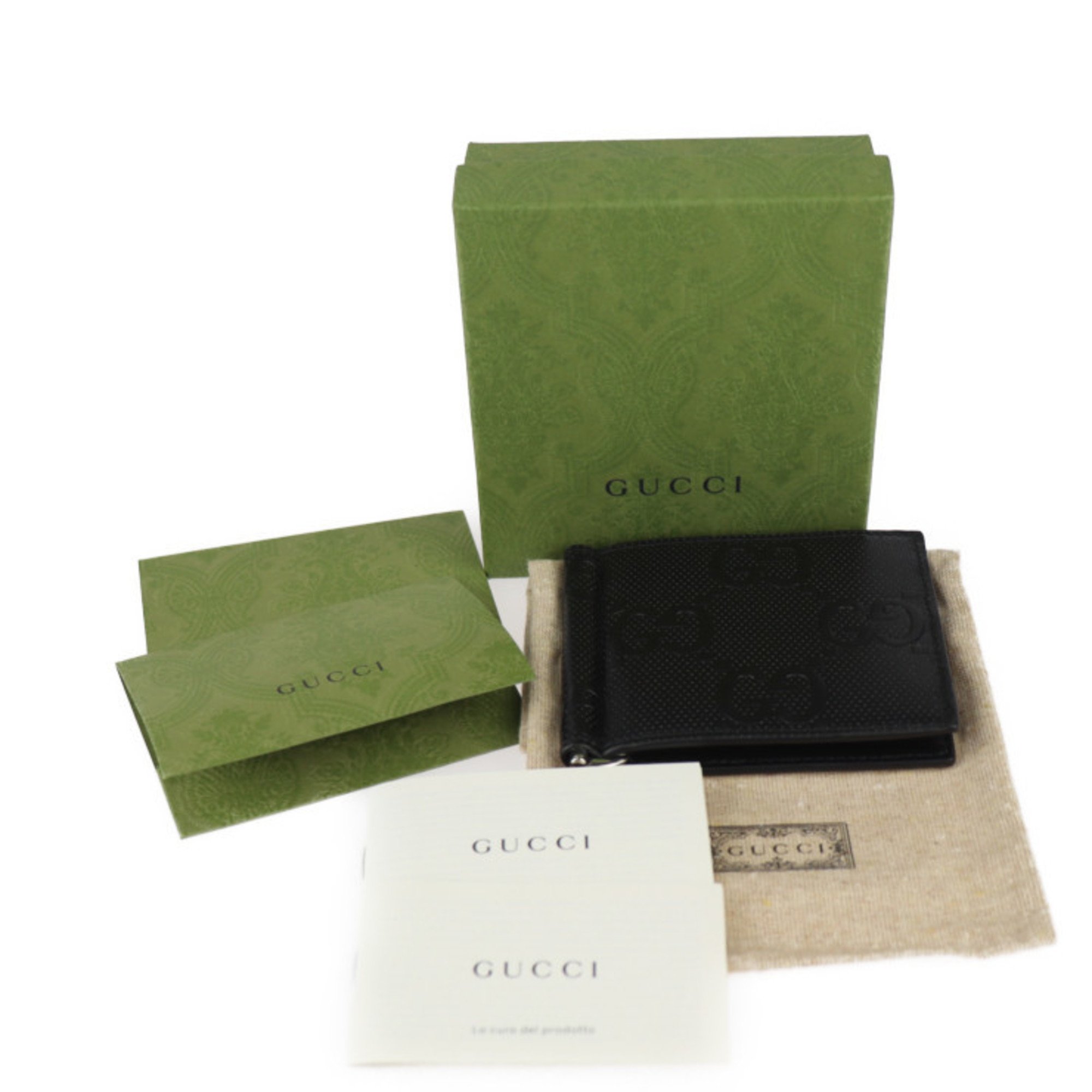 GUCCI GG Embossed Money Clip Bi-fold Wallet 676656 Leather Black Billfold