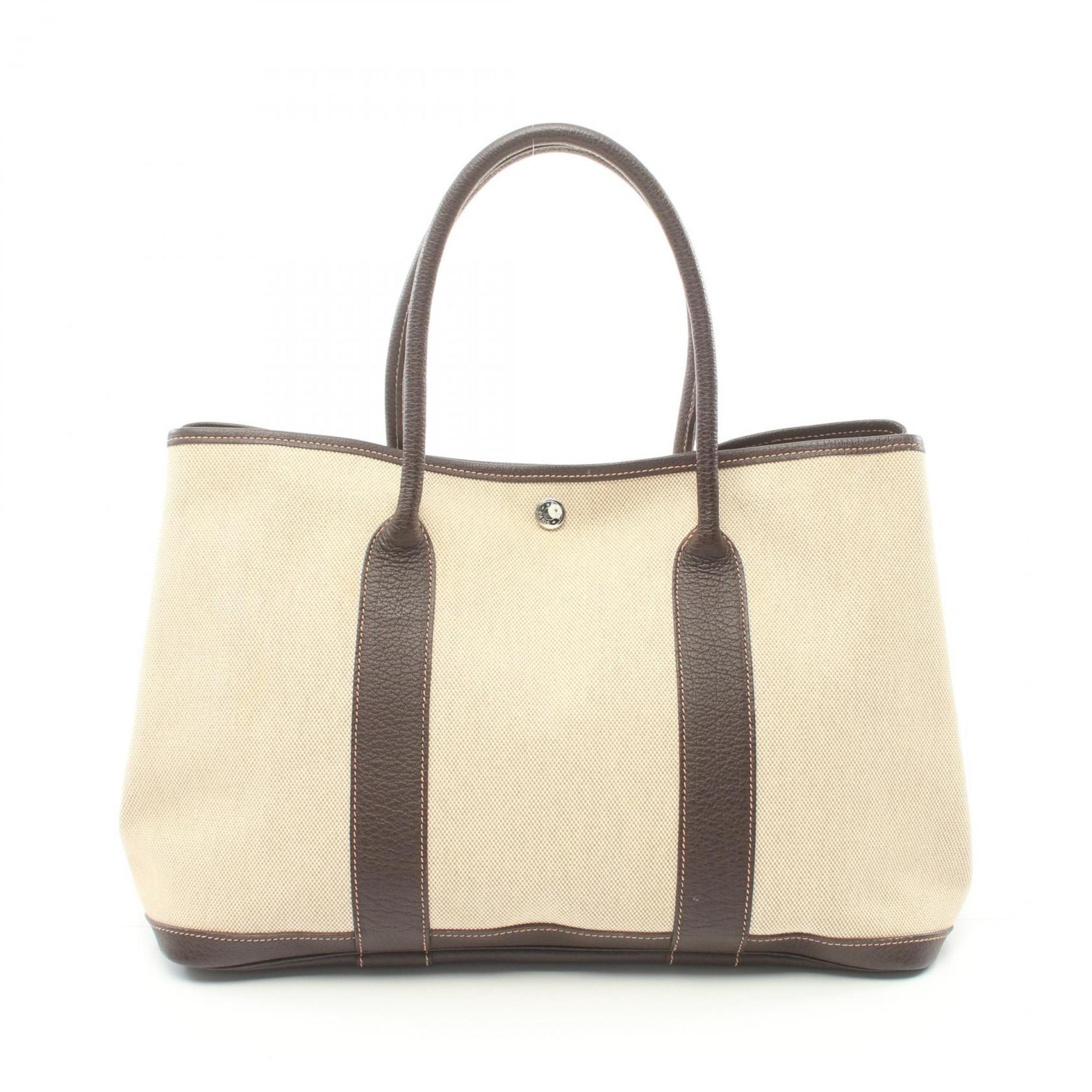 Hermes HERMES Garden PM Tote Bag Leather Toile H Women's Beige Brown