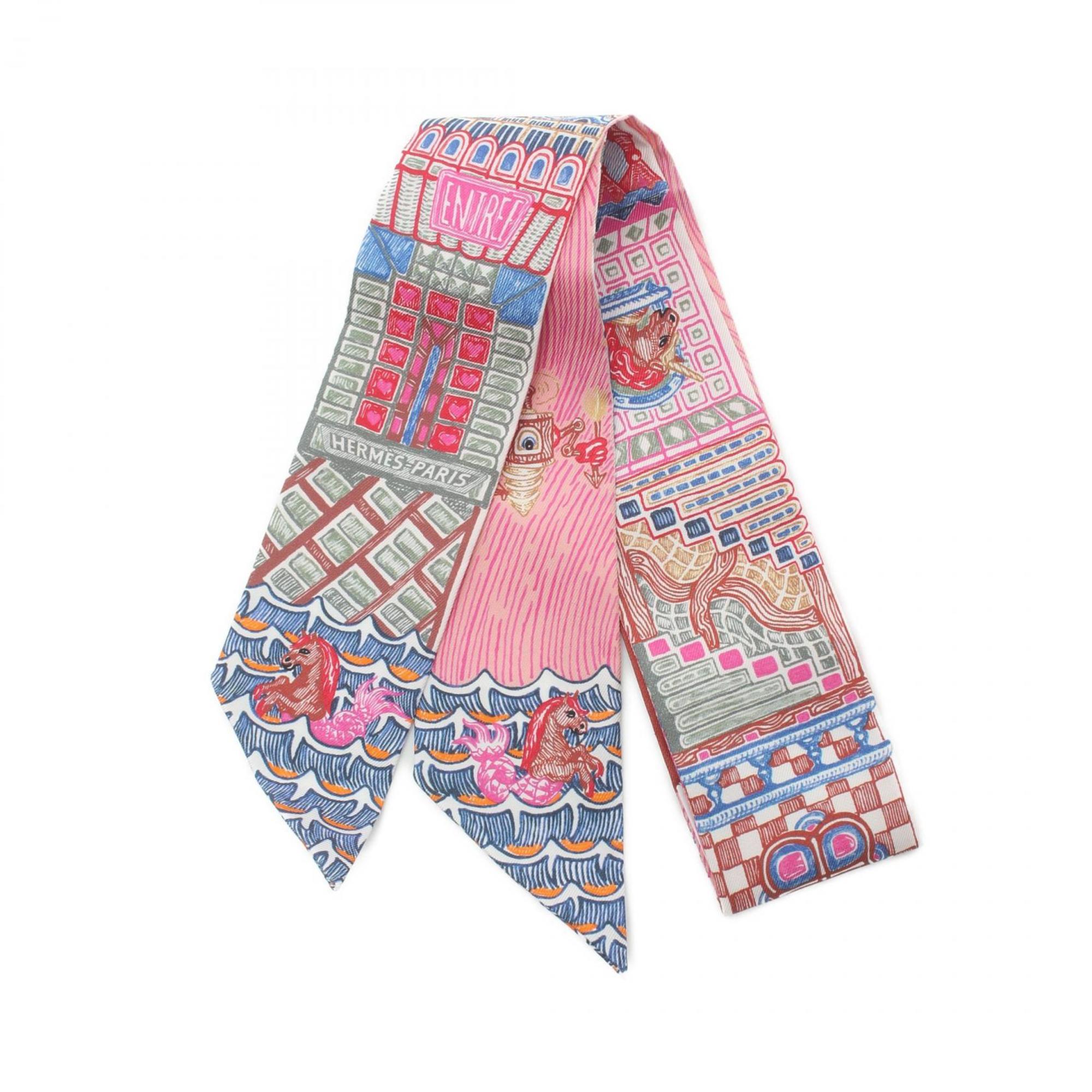 Hermes Twilly Super Silk Quest Scarf Women's Pink Multicolor