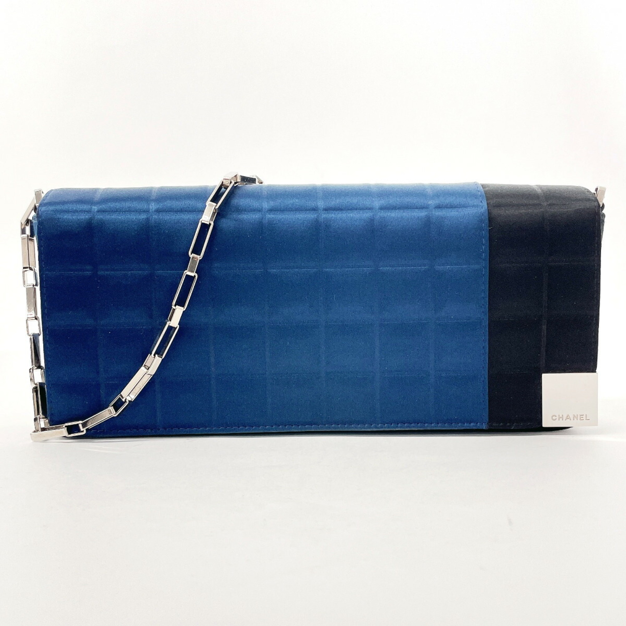 CHANEL Chocolate Bar Chain Shoulder Bag Satin Navy Women's