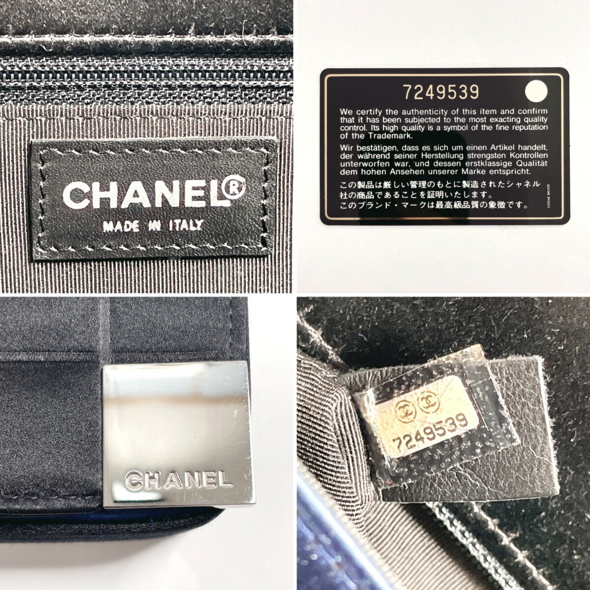 CHANEL Chocolate Bar Chain Shoulder Bag Satin Navy Women's