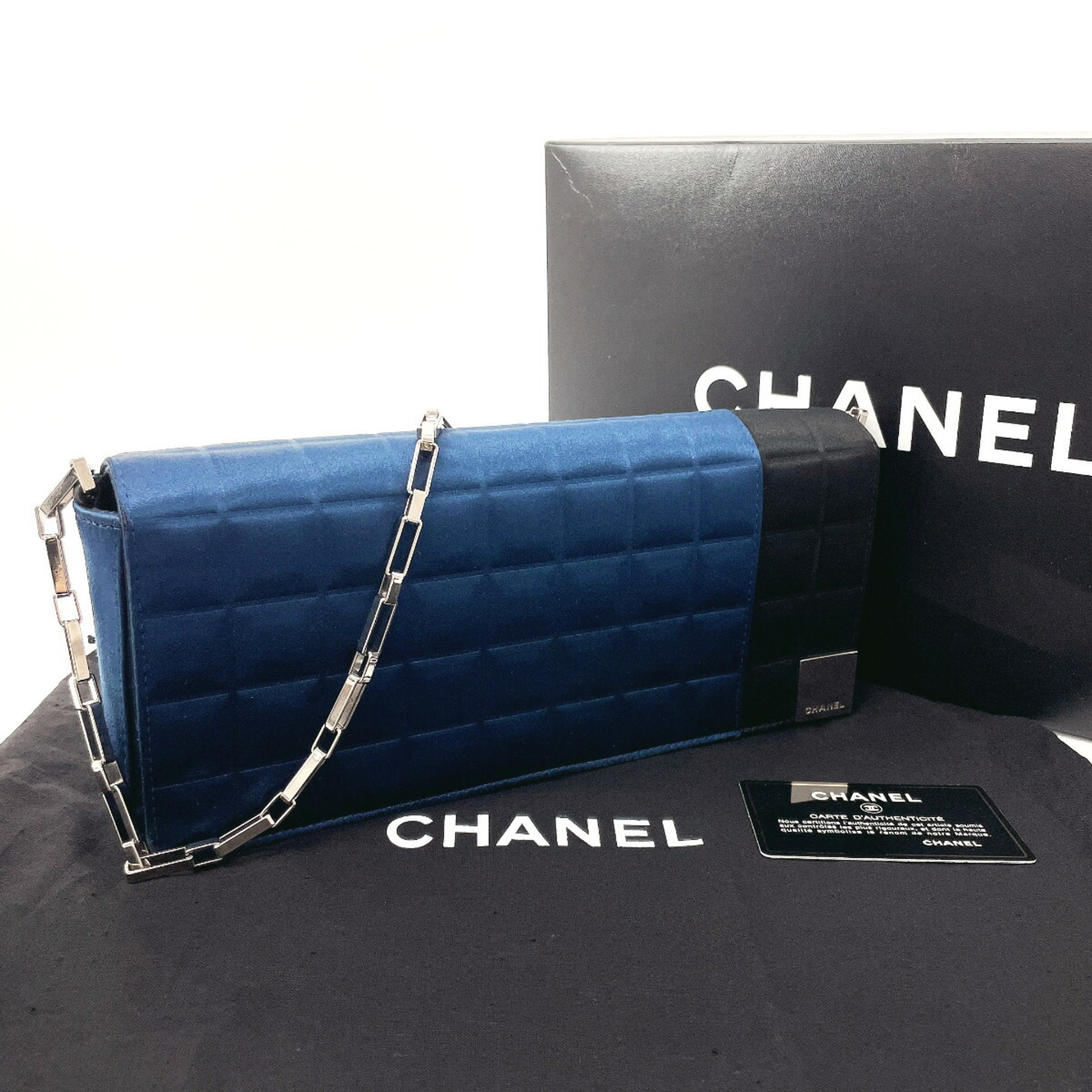 CHANEL Chocolate Bar Chain Shoulder Bag Satin Navy Women's