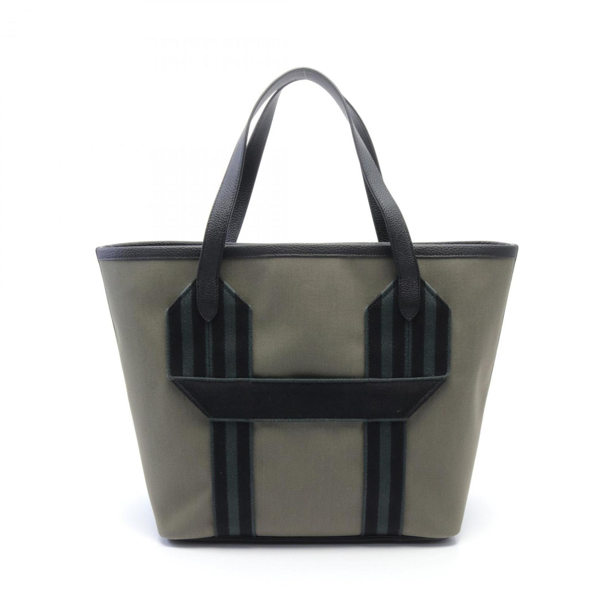 Hermes HERMES Pur Sangle MM Vert de Gris Tote Bag Toile Militaire Taurillon Clemence Women's Khaki Black