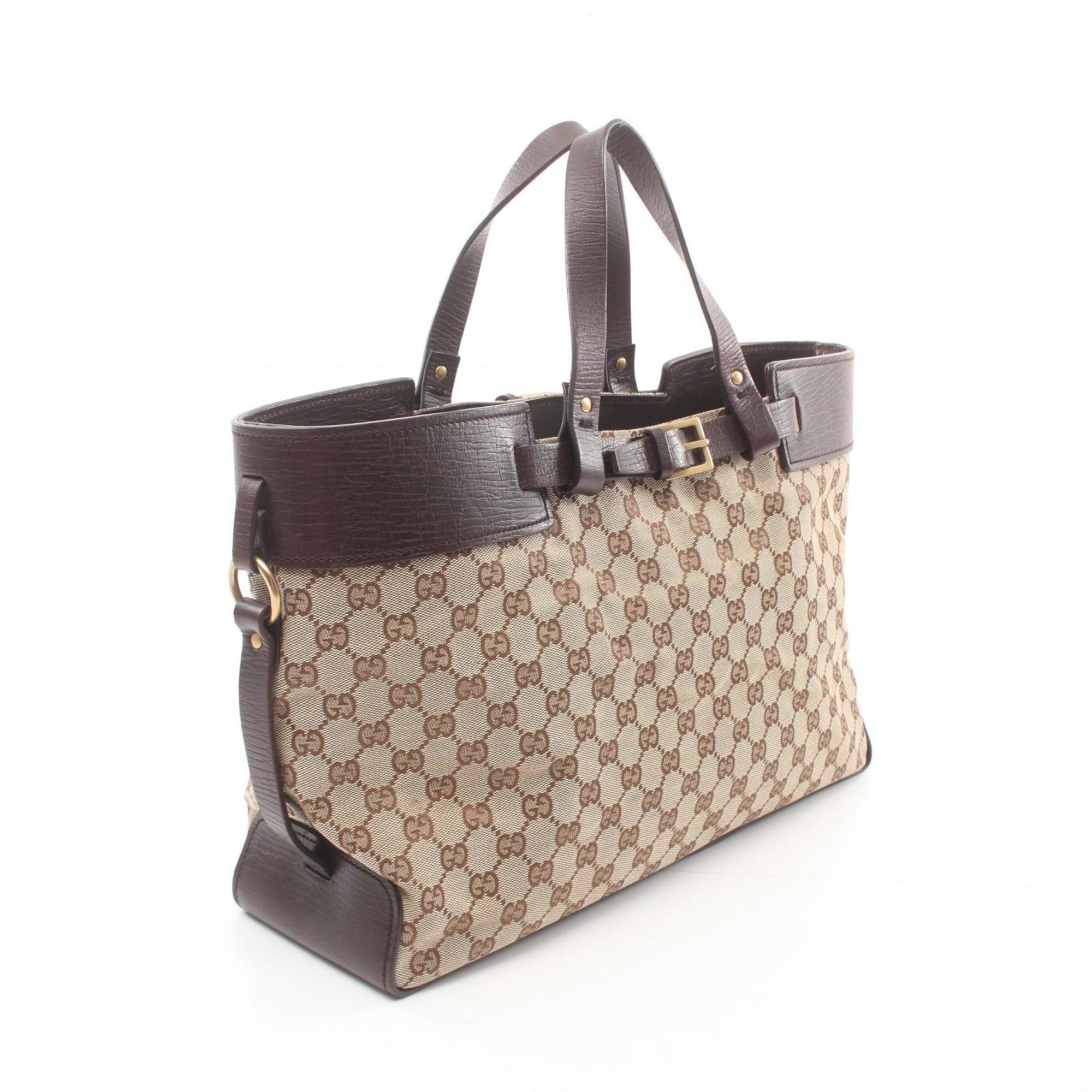 Gucci GG Canvas Tote Bag Leather Women's Beige Brown