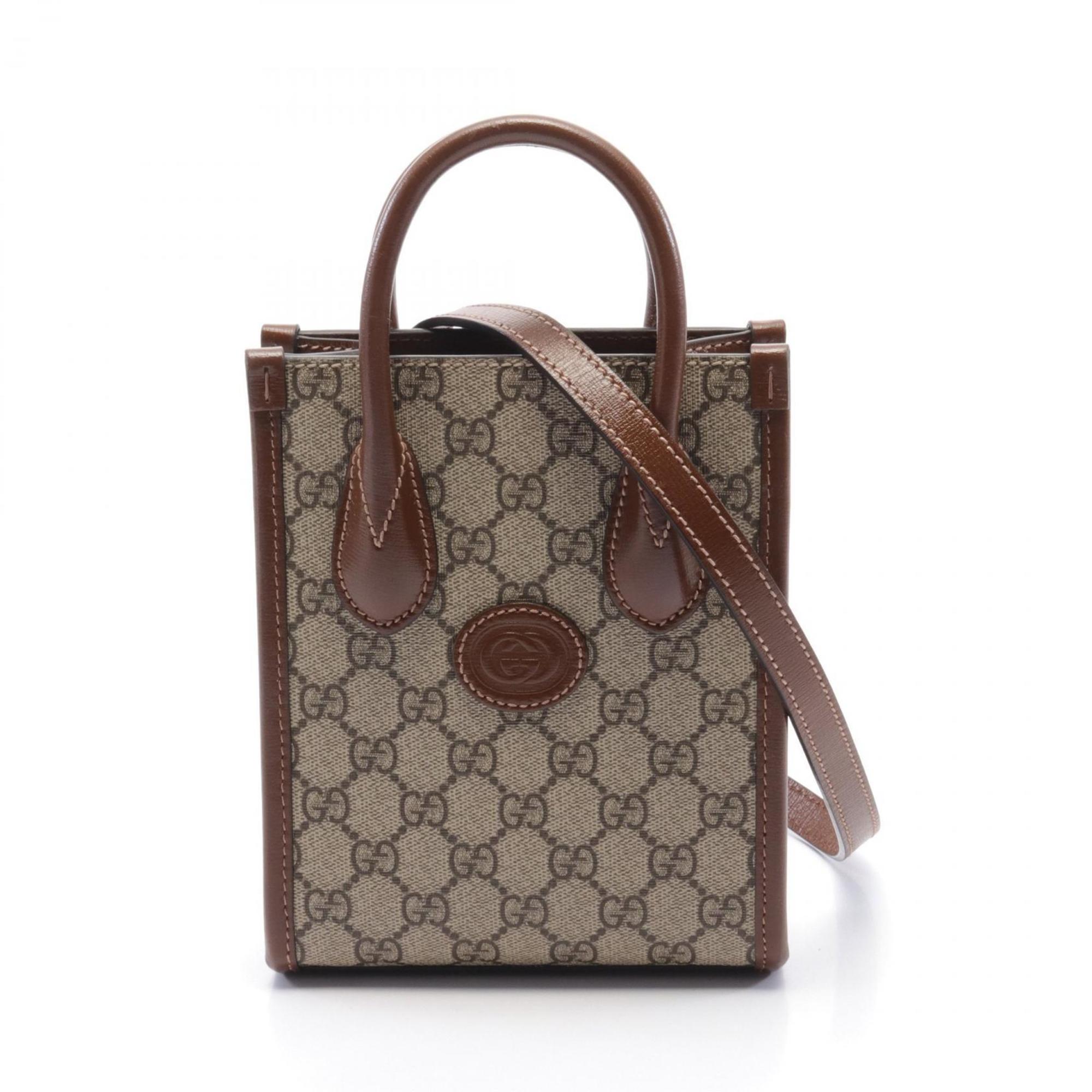 Gucci GG Supreme Tote Bag with Interlocking G Handbag Coated Canvas Leather Women's Beige Brown 671623