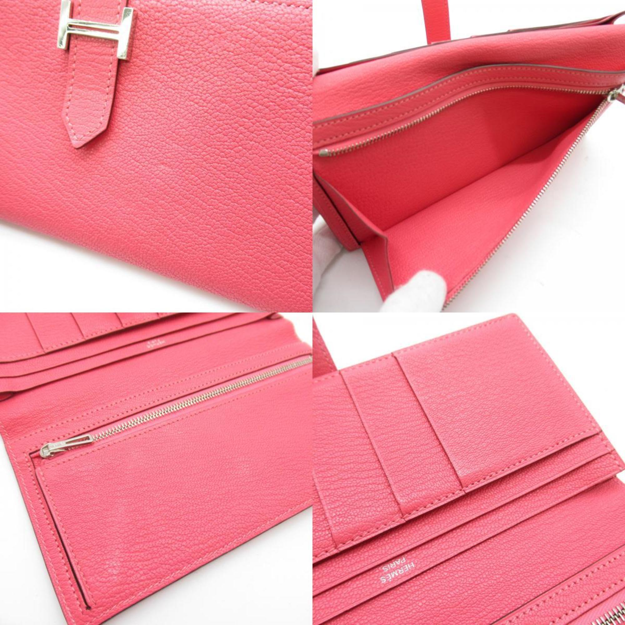 Hermes HERMES Bearn Soufflet Rose Azalee Bi-fold Long Wallet Leather Chevre Women's Pink