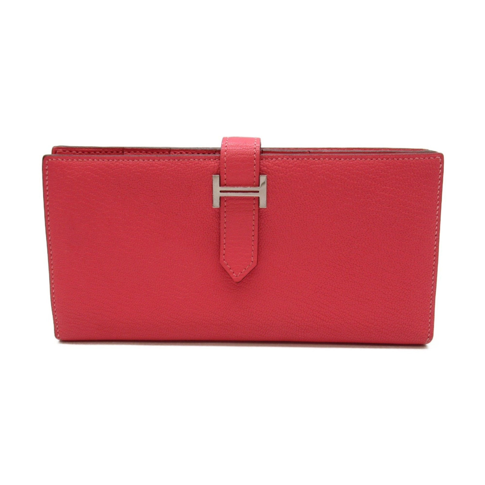 Hermes HERMES Bearn Soufflet Rose Azalee Bi-fold Long Wallet Leather Chevre Women's Pink