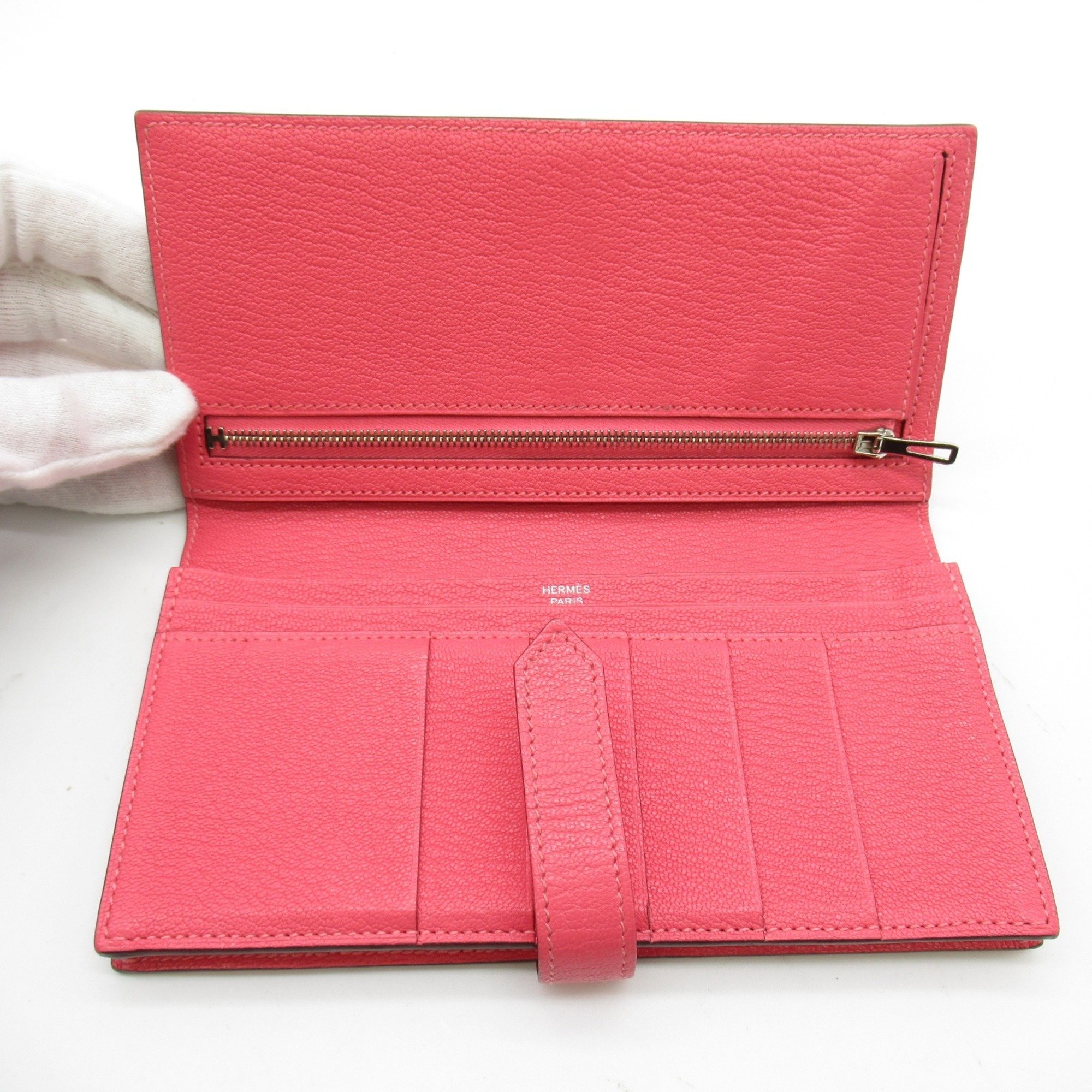 Hermes HERMES Bearn Soufflet Rose Azalee Bi-fold Long Wallet Leather Chevre Women's Pink