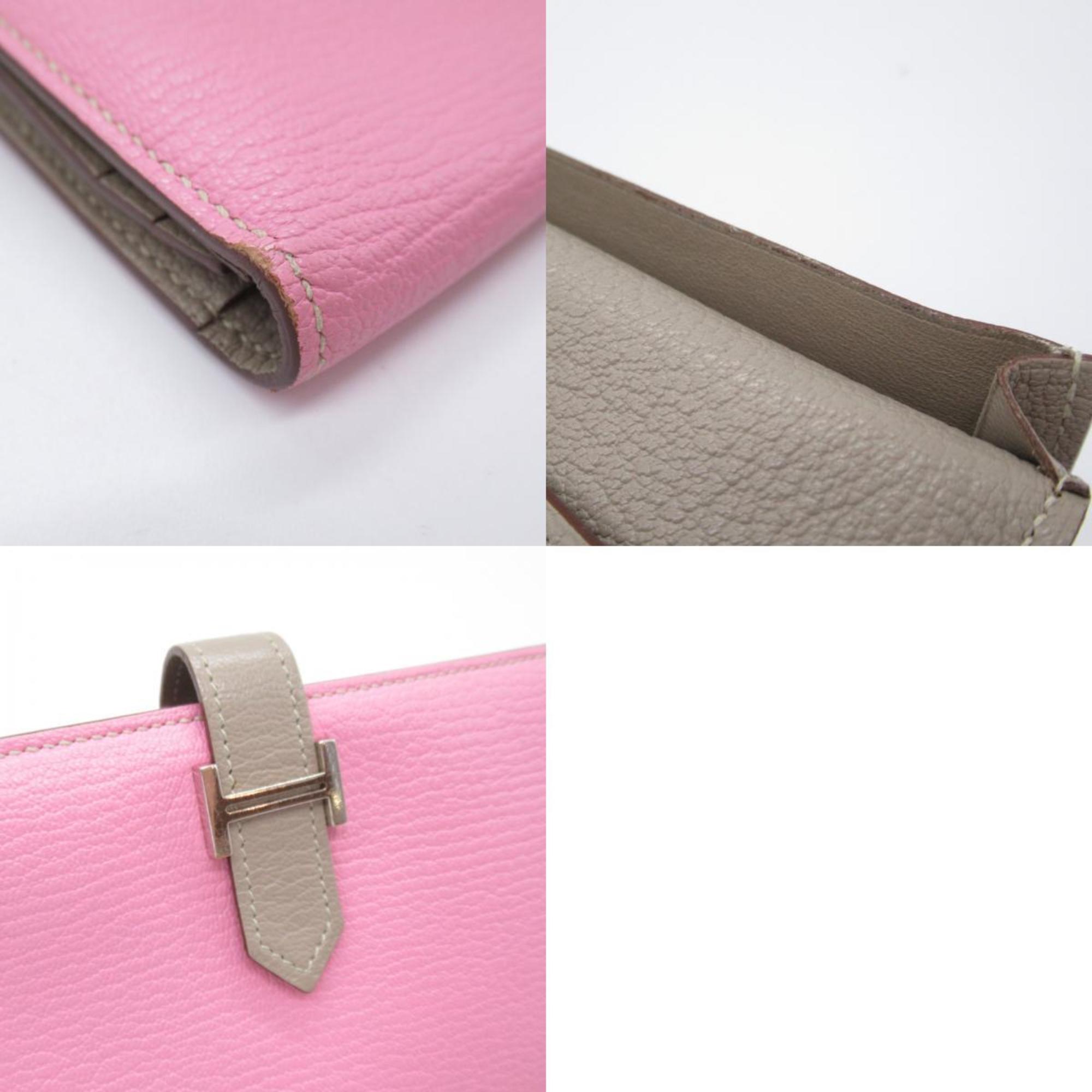 Hermes HERMES Bearn Souffle Verso Bi-fold Long Wallet Leather Chevre Women's Pink