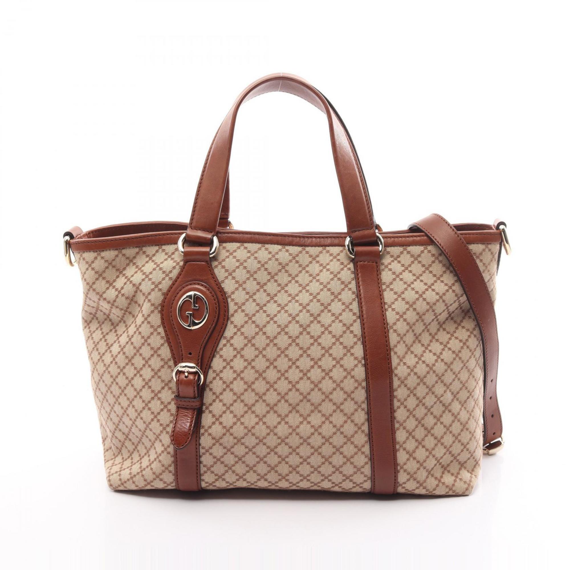 GUCCI Diamante Tote Bag Canvas Leather Women's Beige Brown