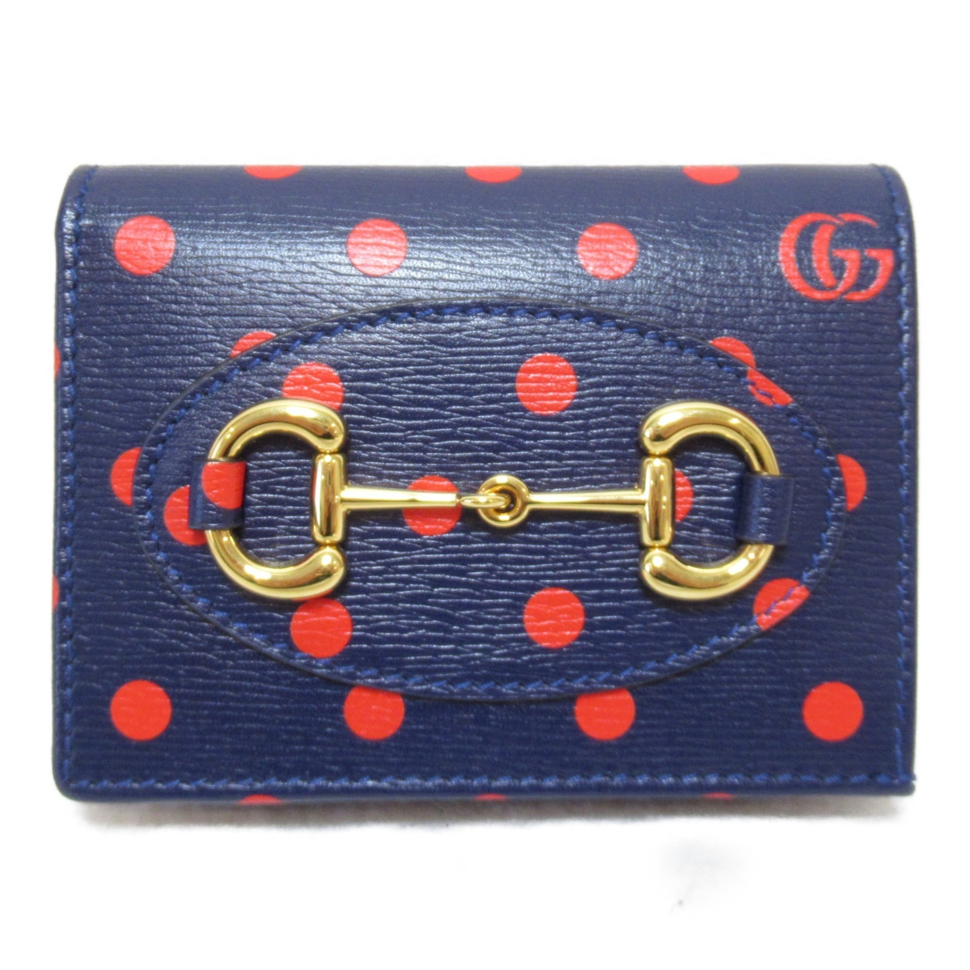 GUCCI Bi-fold wallet Leather Men's Women's Navy Polka dot pattern 621887