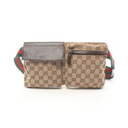 Gucci GG Canvas Waist Bag Body Leather Men Women Beige Brown 28566